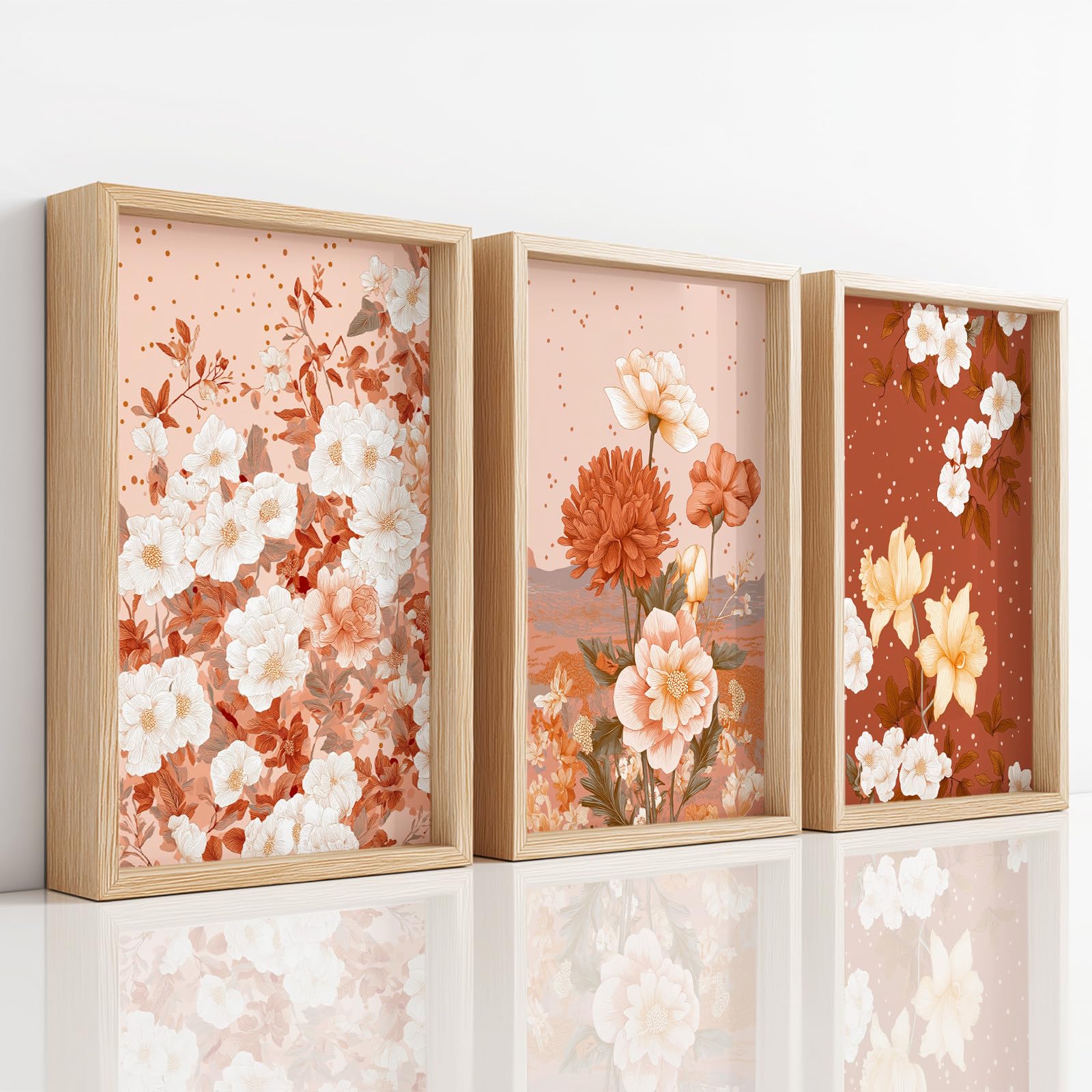 Mural floral elegante de gama artística en lienzo de tres paneles para dormitorios modernos 8