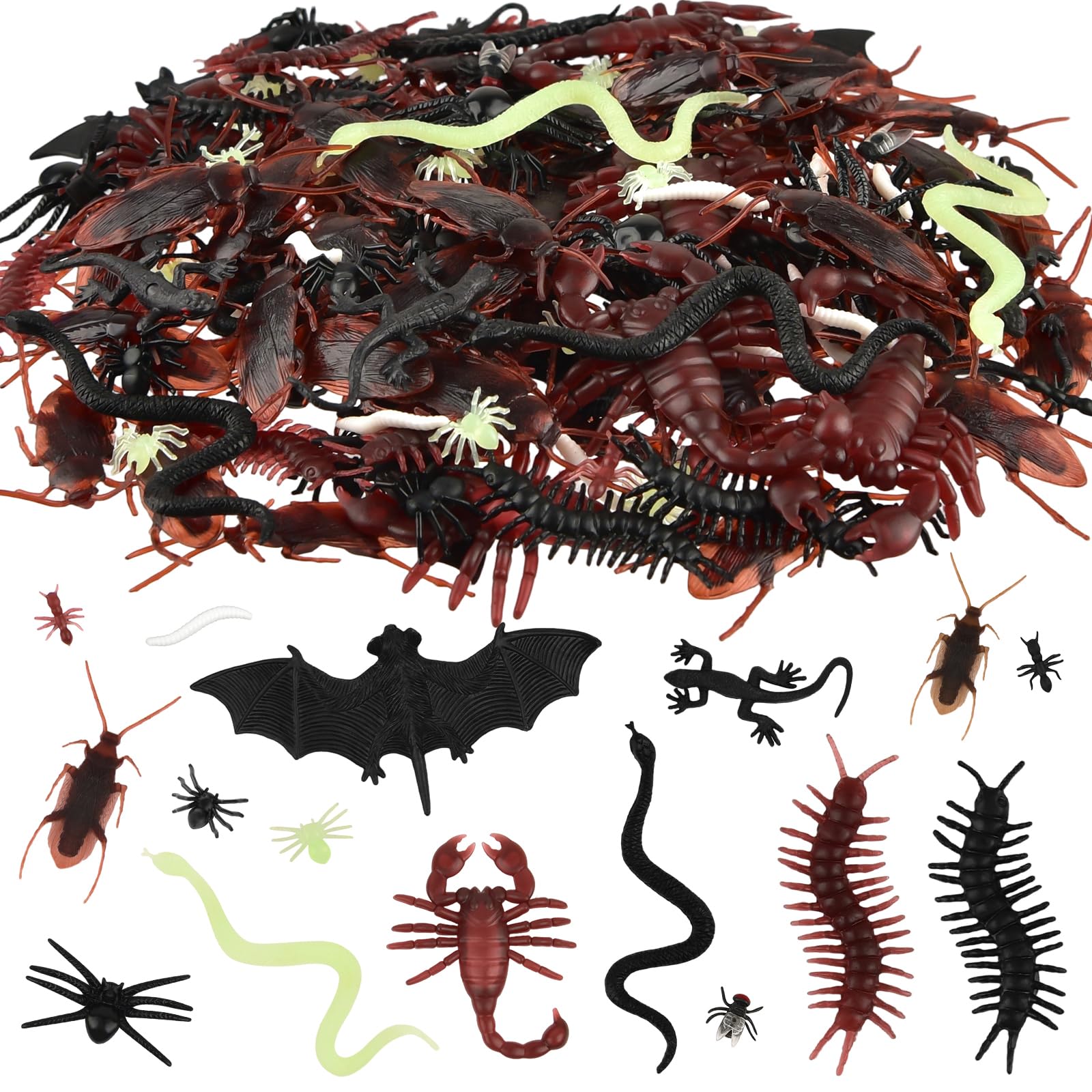 PLULON 220 Pcs Realistic Bugs Spiders Cockroaches Centipedes Scorpions Flies Insects Prank Box for Halloween Party Supplies, Plastic Trick Joke Toys April Fool's Day Pranks Kit Bug Party Decorations
