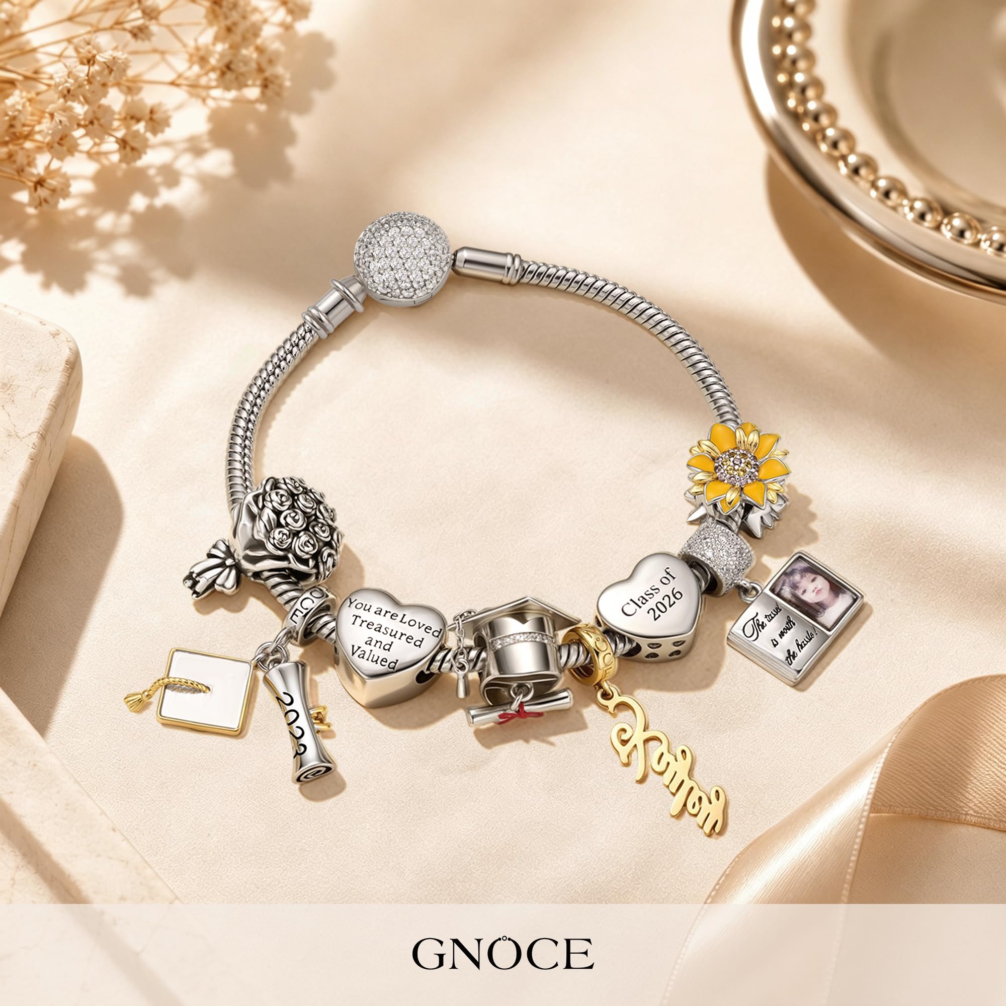 Gnoce Sterling Silber Basic Charm Armband Zierlicher Armreif mit Kristallrand Verschluss Armbänder Damen DIY Schlangenkette 18K Rosegold plattiert Liebenswerte Geschenke für Sie