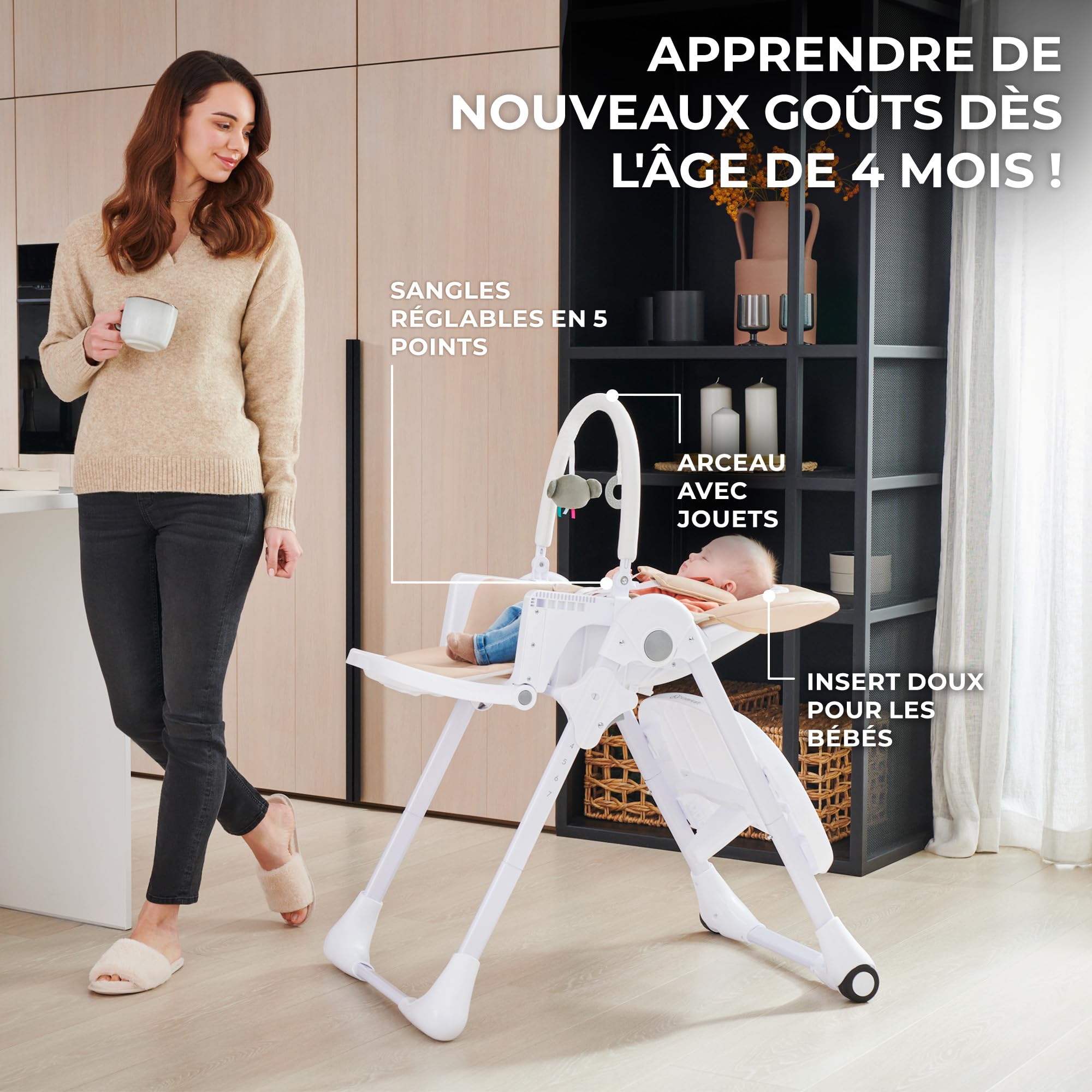 Kinderkraft TUMMIE Chaise Haute 2 en 1, pour Bébé Ergonomique, Confortable, Inclinable, Pliable, avec Hauteur Réglable, Repose-Pieds, Plateau Amovible, pour Tout-Petit, avec jouets, Beige