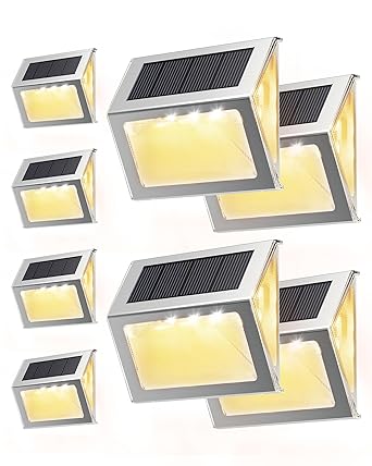 JACKYLED Solar Step Lights, 8-Pack, 3-Sided 270Lighting, 7 LED, IP65 Waterproof, for Patio, Backyard, Garden (Warm Yellow)