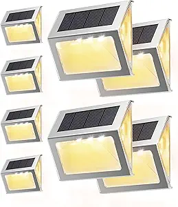 JACKYLED Solar Outdoor Deck Step Lights 8-Pack, 3-Side 270Lighting 7 LED, Upgraded Solar Stair Lights IP65 Waterproof Solar Fence Lighting for Post, Dock, Patio, Backyard, Garden (Warm White)