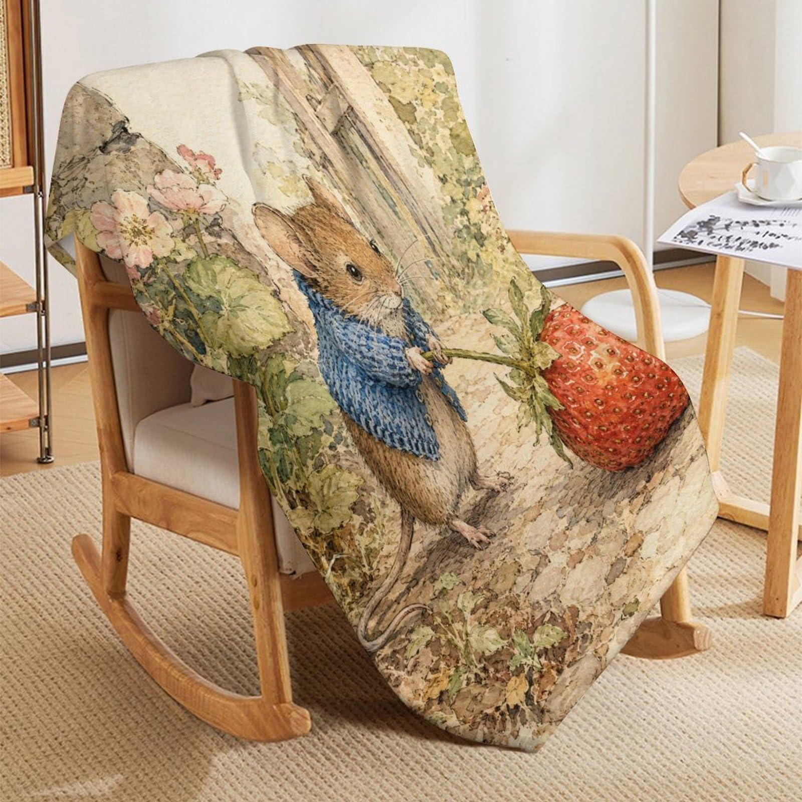 Ratón con Fresa Manta Libro de cuentos de animales Franela Suave Sofa Cama | manta polar sofa con Jardín de cuentos y Linda ilustración infantil, para rincon lectura, salon, 175x200cm(70x80in)