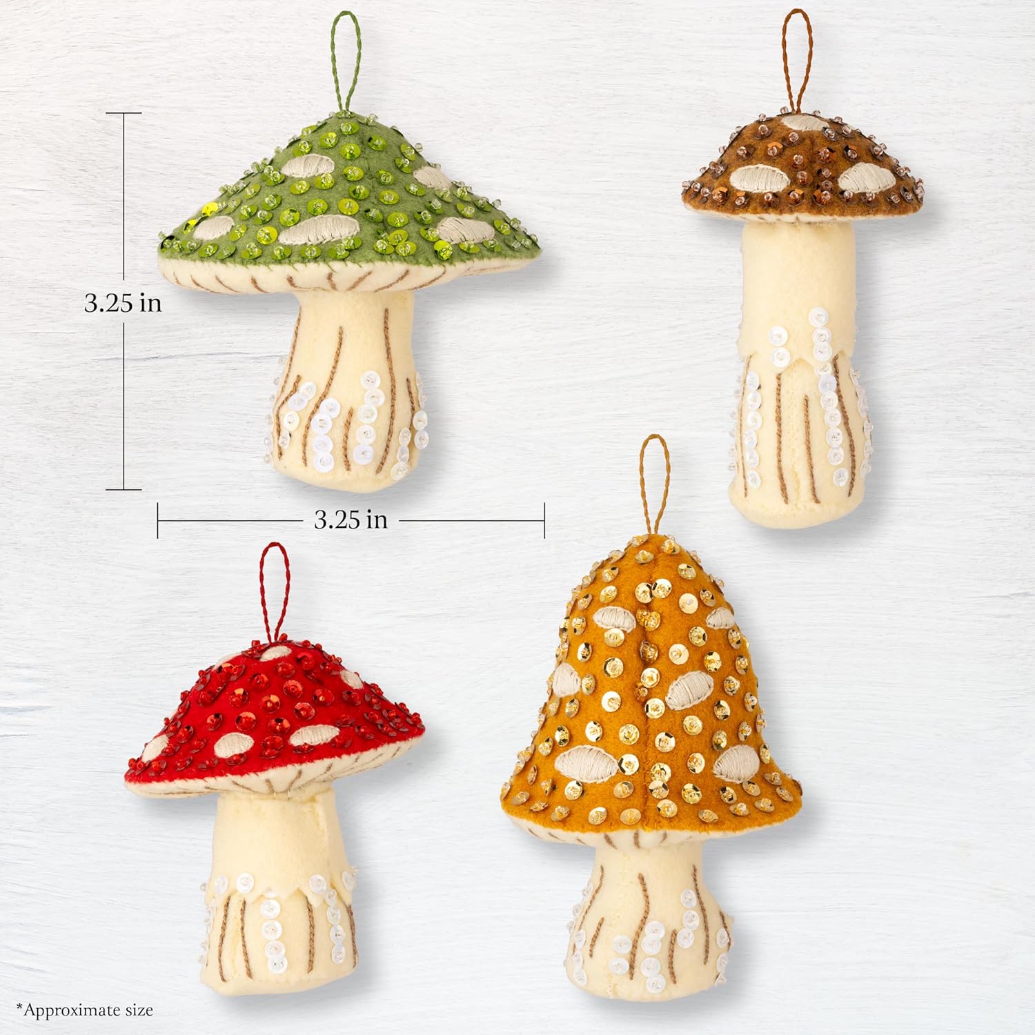 Bucilla Felt Applique 4 Piece Ornament Making Kit, Merry Mushrooms, Perfect for DIY Arts and Crafts, 89670E