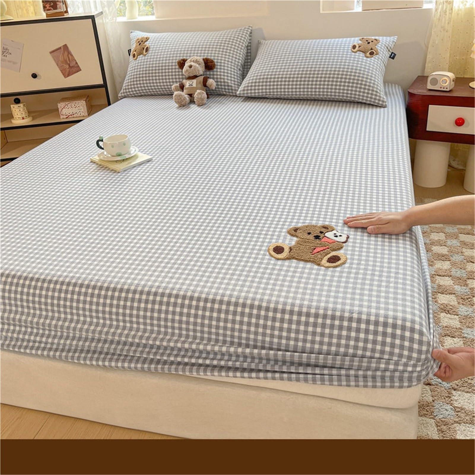 Drap-Housse 120x200cm 150x200cm 180x200cm Bonnet 24cm à Carreaux Rayés en Coton Lavé Drap de Matelas en Coton for Matelas Fin(Gray Plaid,120x200cm+48x74cm x2)