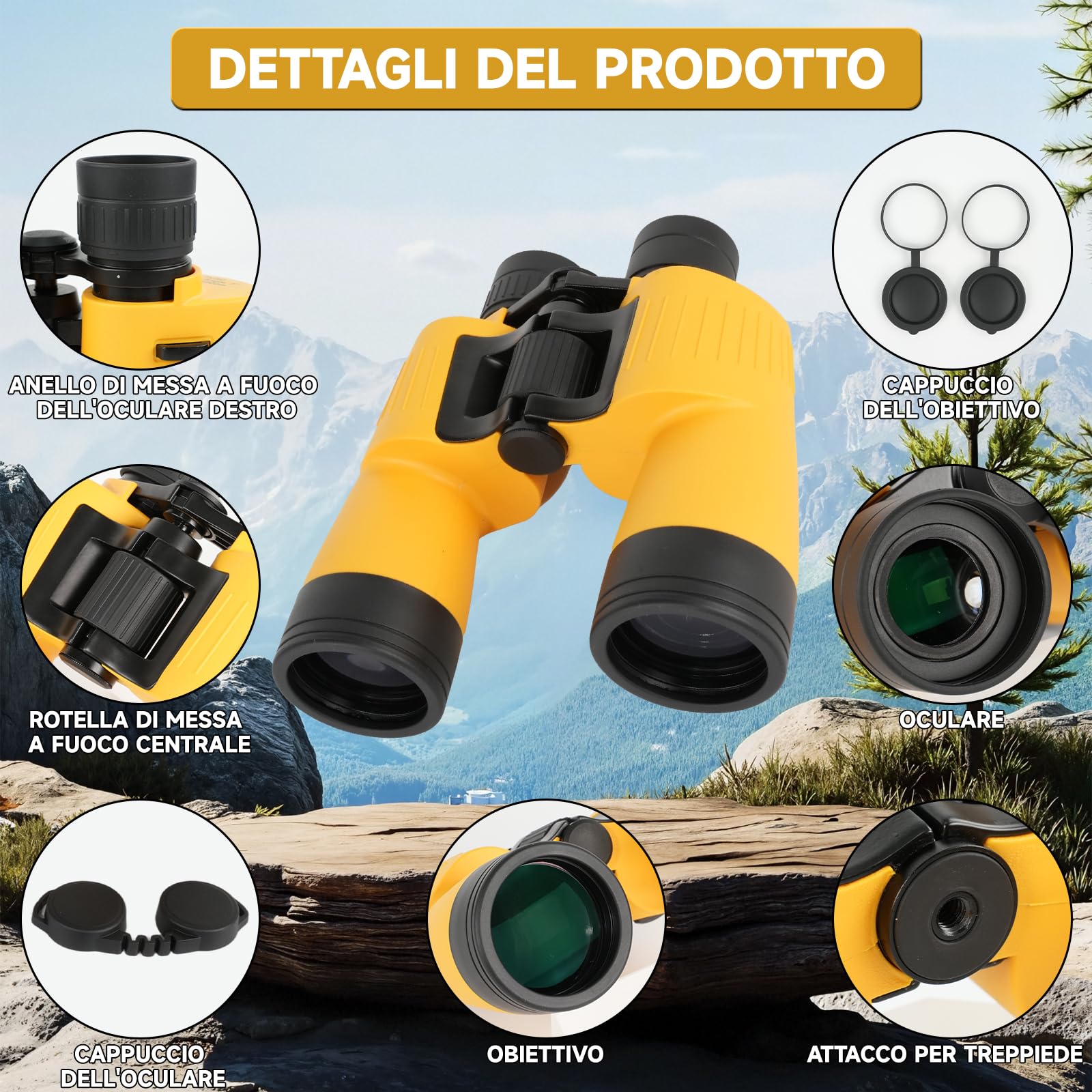 Binocolo 7x50 Professionale per Adulti, Binocolo Impermeabile e Galleggiante, con Prismi BAK4 e Lenti FMC, per Nautica, Caccia, Pesca e Sport, Colore Giallo