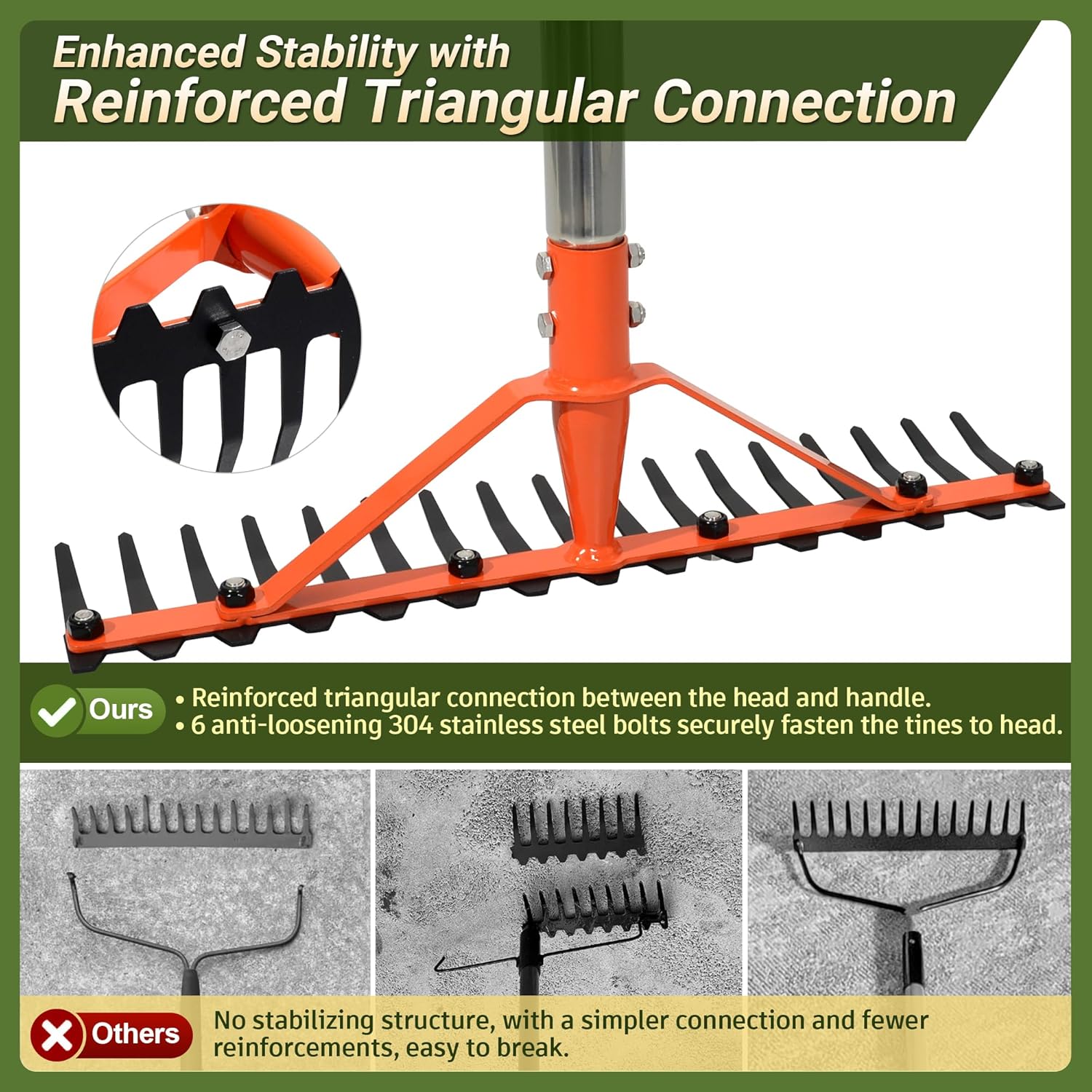 Garden Rake 17 Tempered Spring Steel Tines Heavy Duty Rake for Lawns Bow Rakes Metal Rakes with 62 Inch Stainless Steel Adjustable Long Handle for Loosening Soil Yard Work