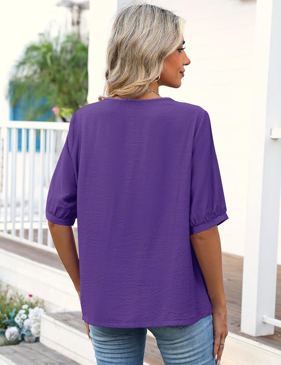 Kistore Women's Embroidered Blouses 2026 Short Sleeve Lace Trim Crew Neck Trendy Casual Tops Pullover Shirts - Image 3