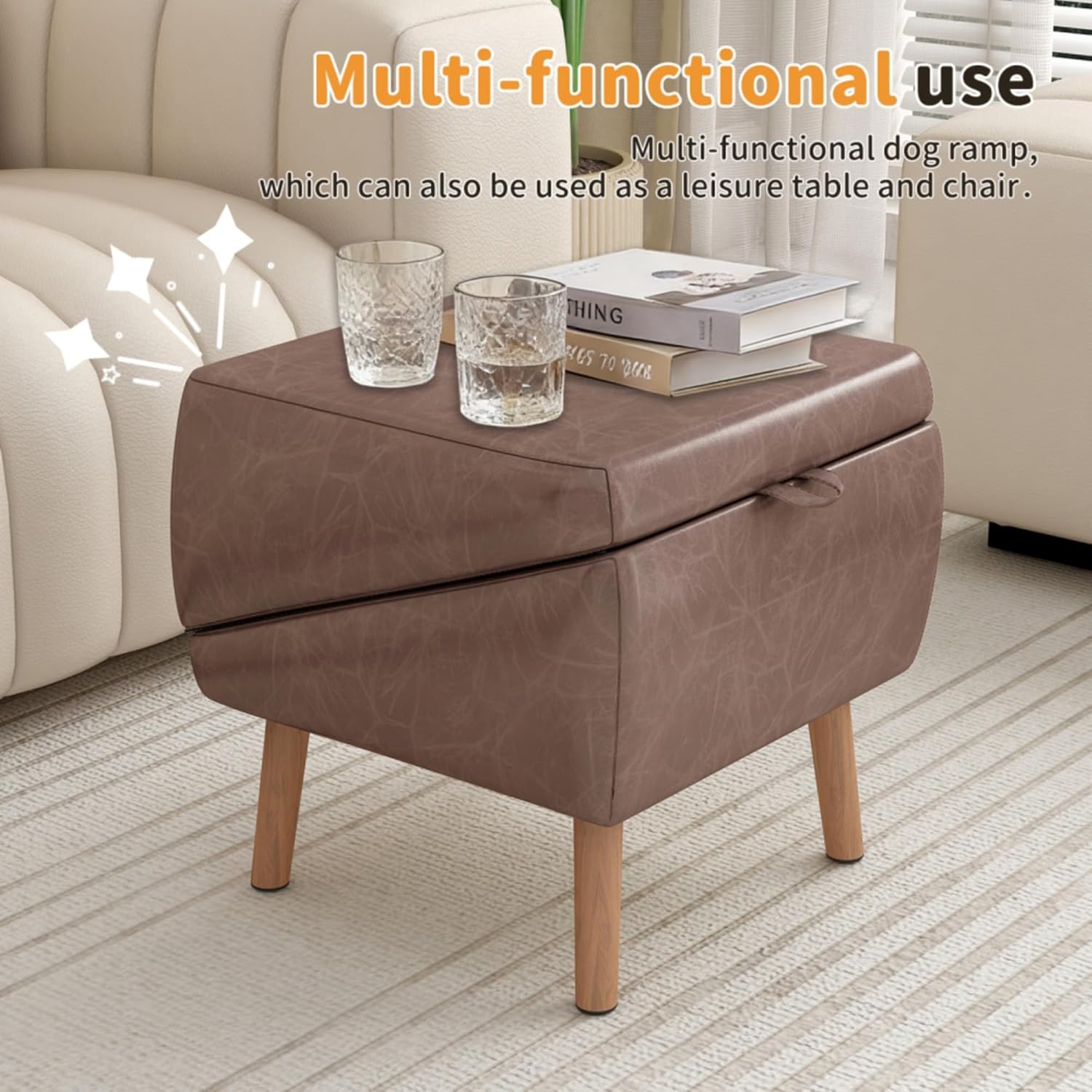Ottoman Dog Ramp,Dog Ramp for Couch and Bed, Foldable 2-in-1 Solid Wood Pet Steps for Puppy Cats (Brown,16''W)