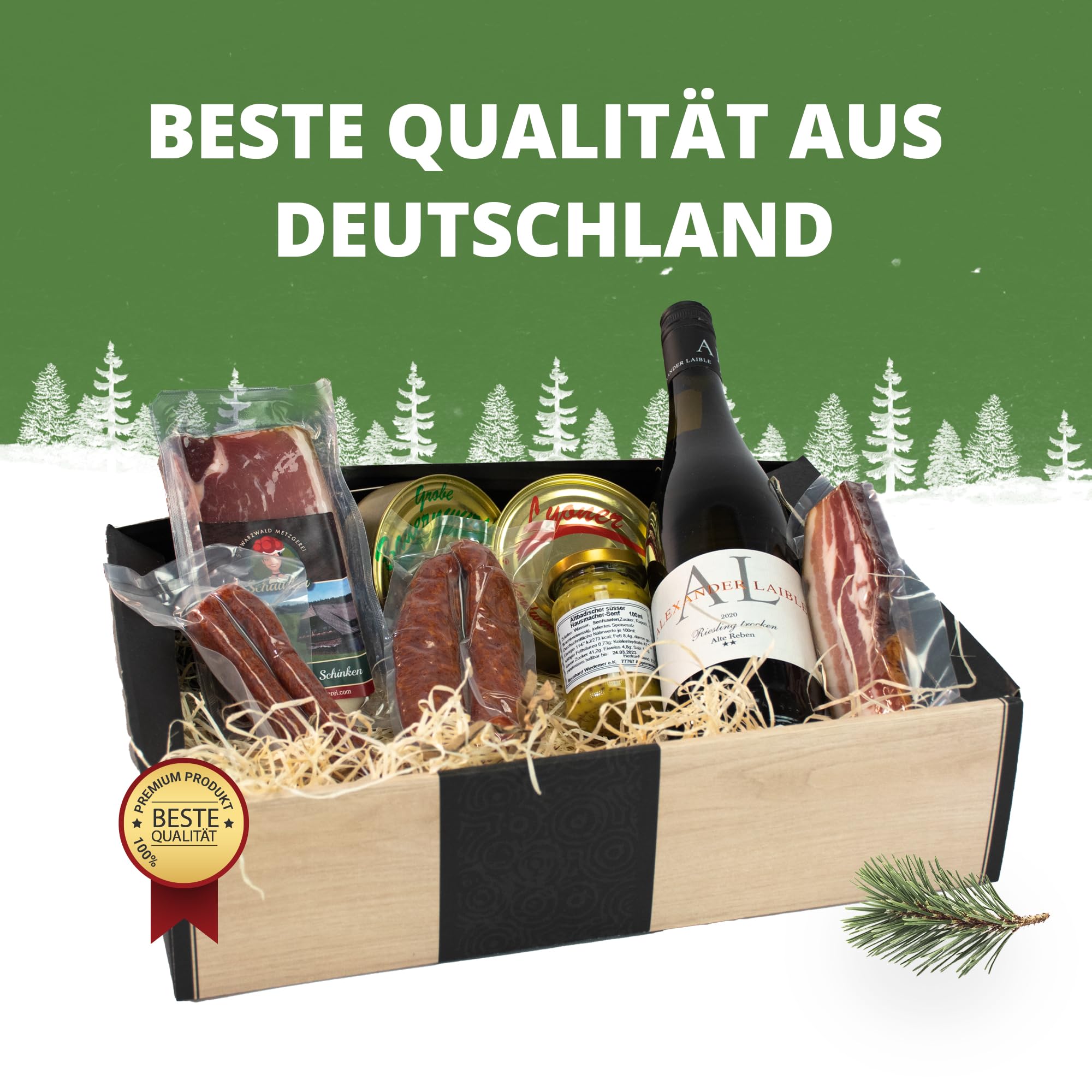 Schwarzwald Metzgerei - Geschenkset "Vesper" mit verschiedenen Wurtsspezialitäten, einem Gourmet-Senf und hervorragenden Weißwein - 8-teilig