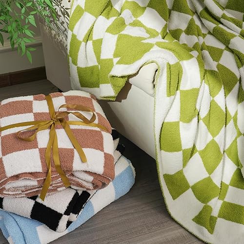 Miniatura 6 de David's Home Manta de punto 100 % chenilla, tamaño individual, ultrasuave, lechosa, acogedora, con patrón clásico de cuadrícula de ajedrez, adecuada