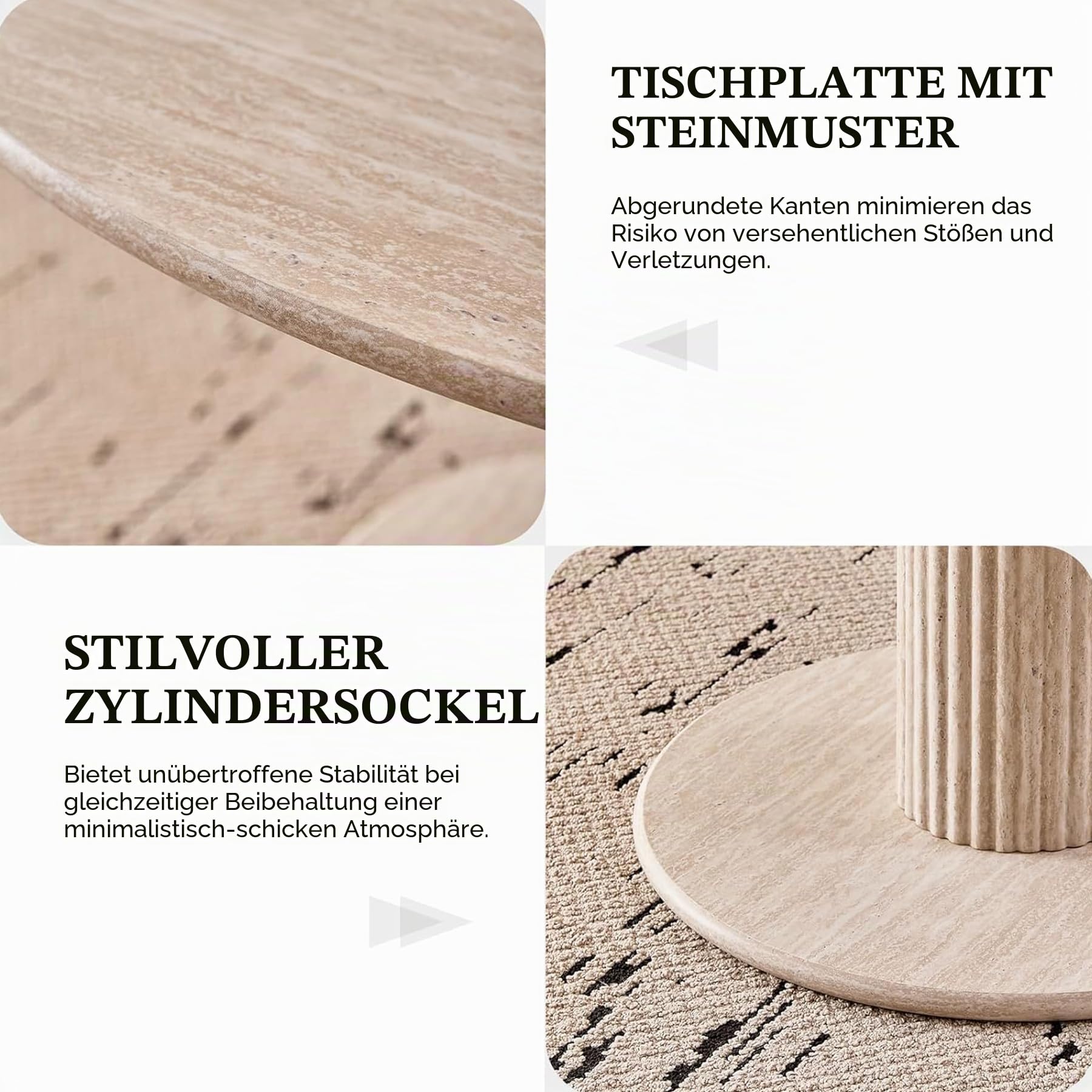 115cm Runder Esstisch mit 4 Esstischstühlen, Küchentisch aus MDF (Travertin-Maserung) und 4 Stühle für Küche, Esszimmer, Wohnzimmer und Büro (Beige)