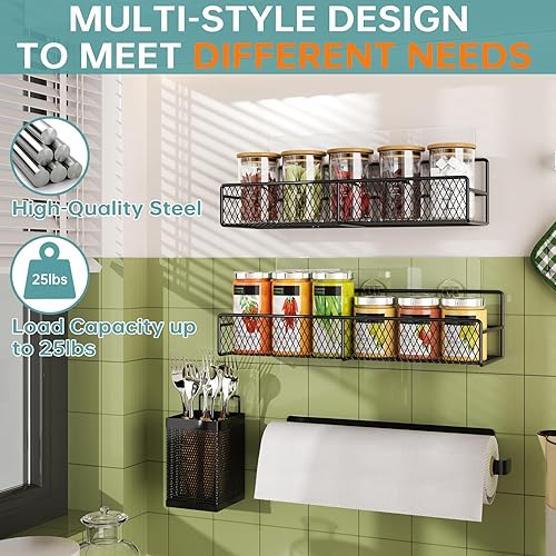 Miniatura 4 de Estante de especias montado en la pared, paquete de 6 cestas colgantes adhesivas de metal con soporte para toallas de papel, organizador de