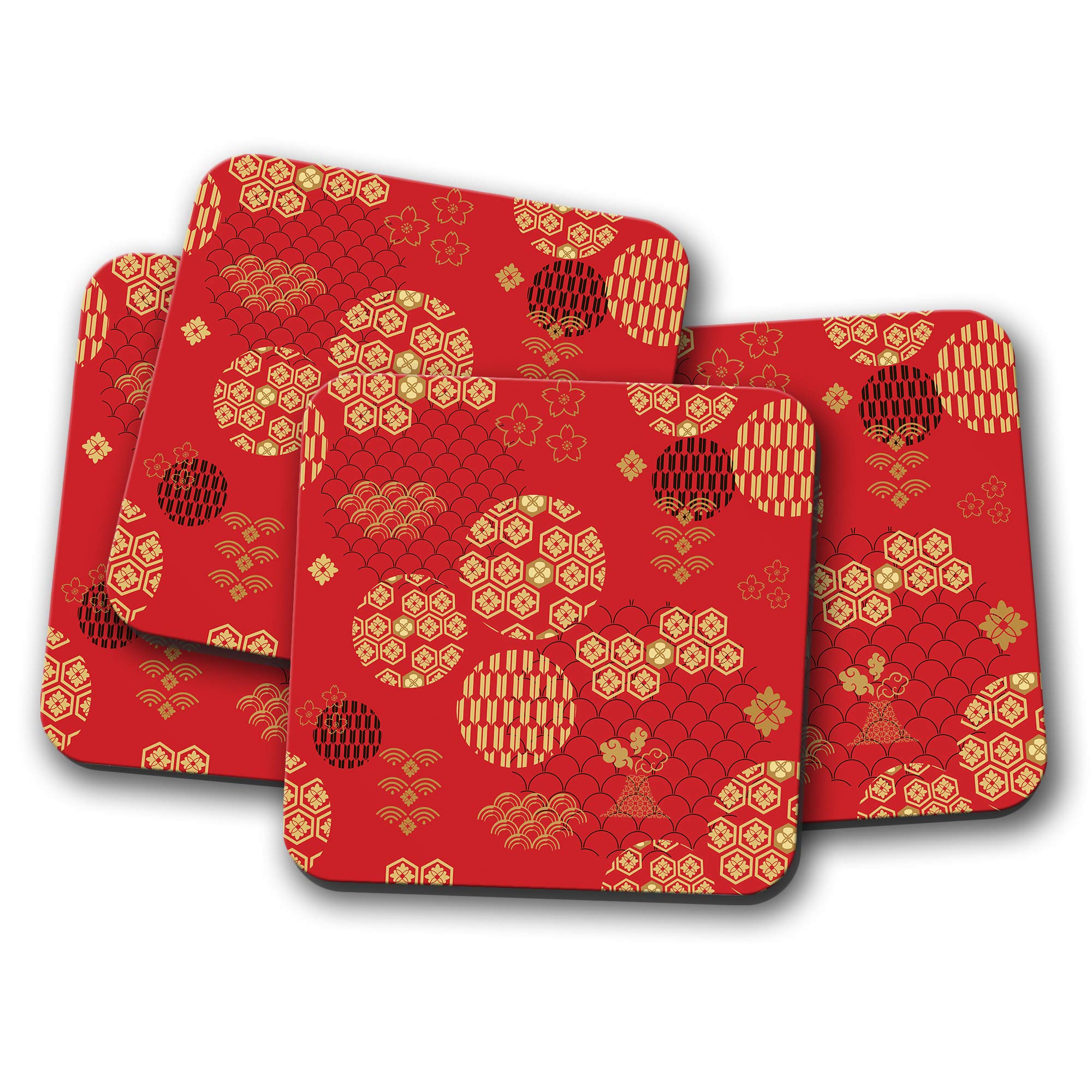 Destination Vinyl Ltd Multicolor 4 Set - Red Japanese Pattern Coaster - Abstract Gold #12790