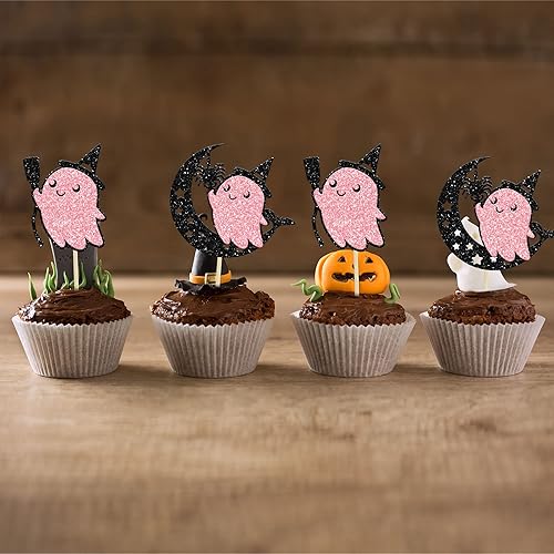 Miniatura 169 de Ephlyn 24 adornos para cupcakes de Halloween con purpurina para Halloween, murciélagos, calabaza, fantasma, decoración de cupcakes para temática