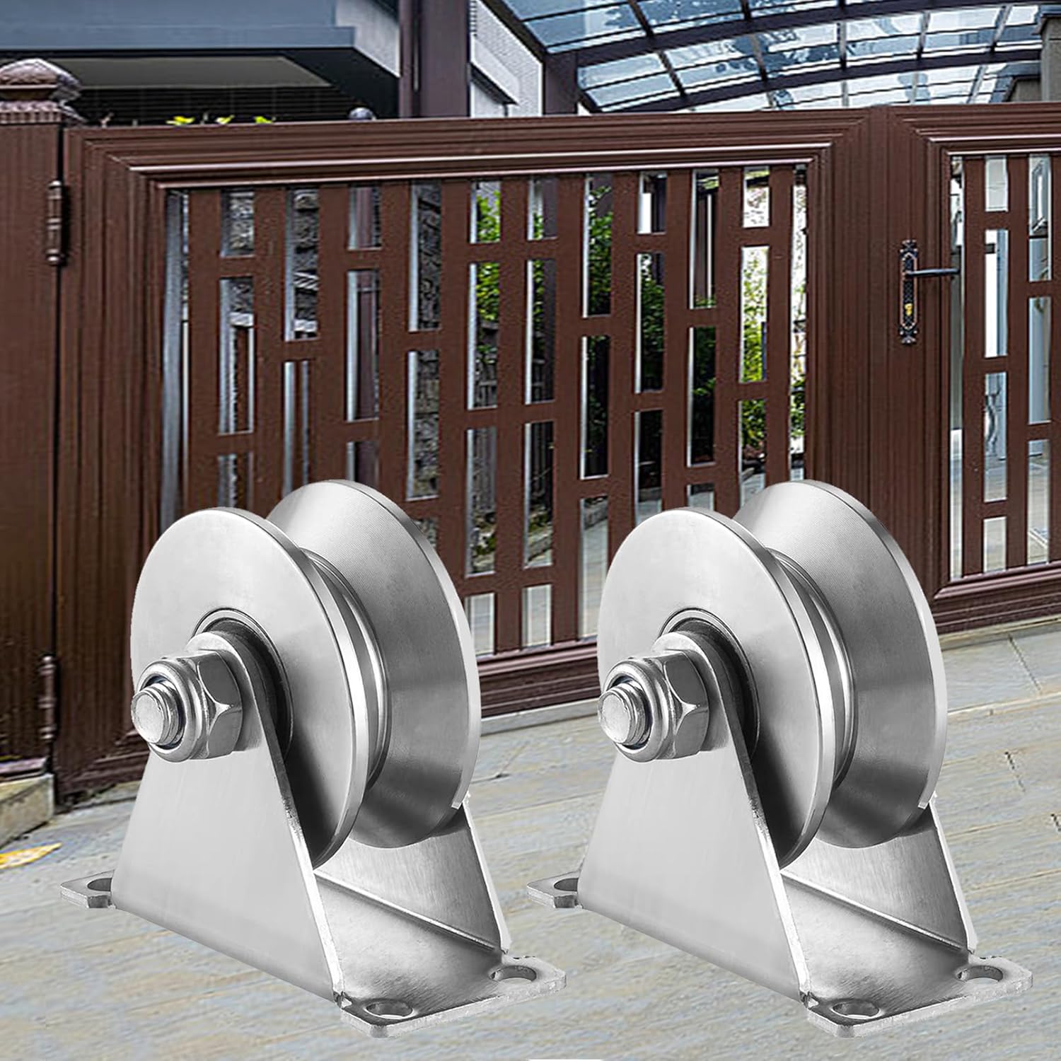 Stainless Steel V Groove Roller Gate Track Roller Heavy Duty Sliding Gate Wheels Double Bearing Garage Door Pulley Solid Bracket Plate Casters for Rolling Gate Industrial Machines