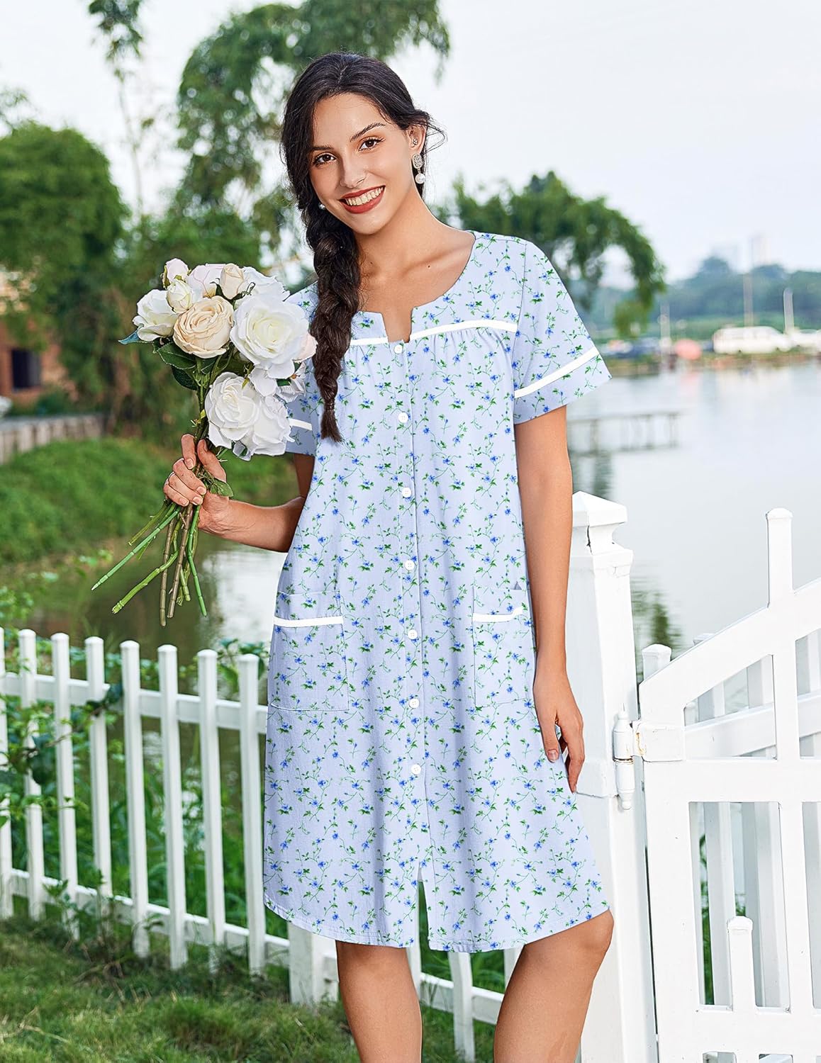 Ekouaer Nightgowns for Women House Dress with Pockets Button Down Sleepshirt Short Sleeve Nightshirt Housecoat S-XXXL - Image 2