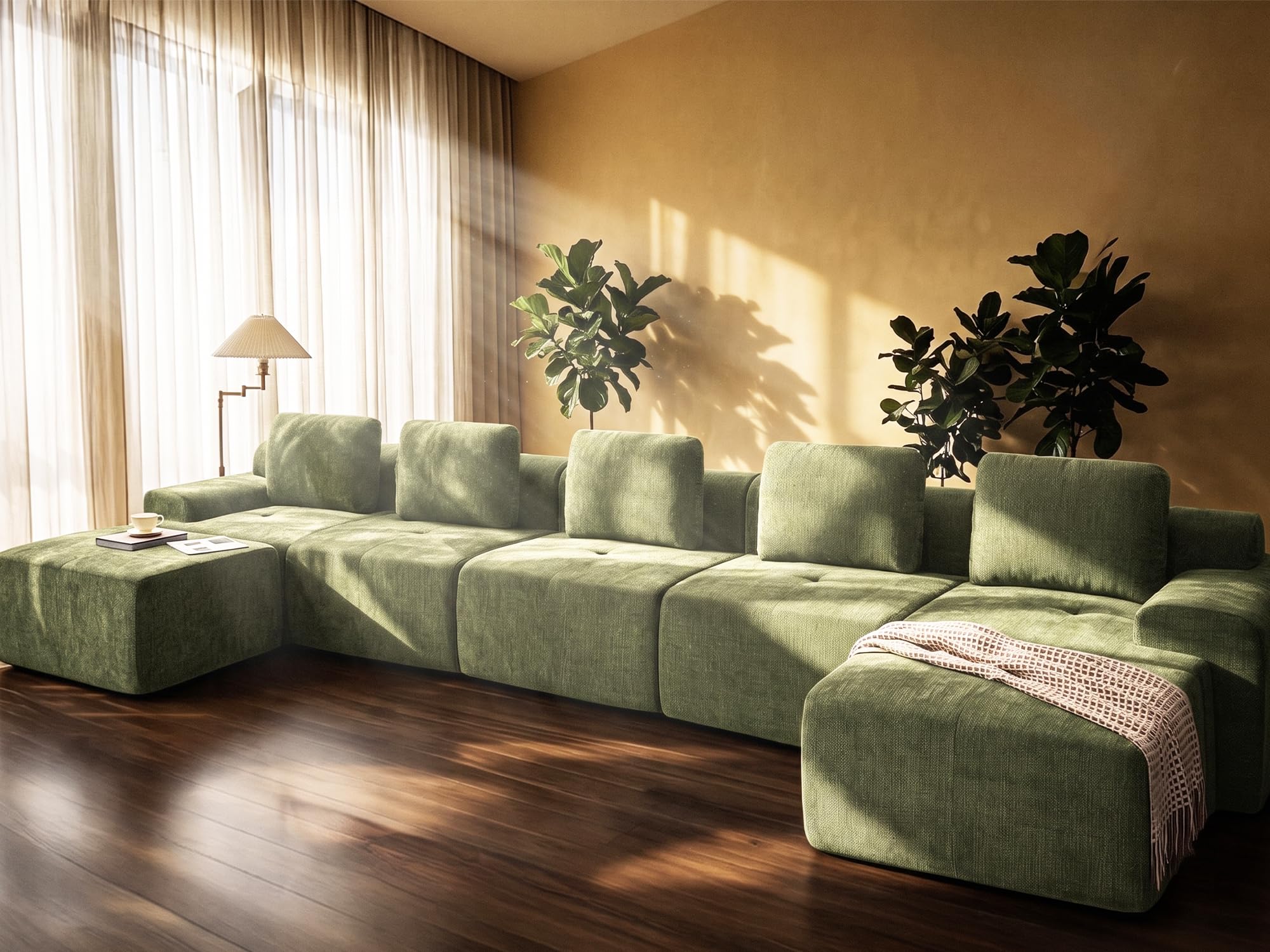 196" U Shaped Oversized Boneless Couch, Comfort Cloud Sectional Couches for Living Room, Modular Sofa High Back &amp; Extra Deep Seat, No Assembly, Chenille (Olive Green, 196 inch-U Shaped（5+2）)