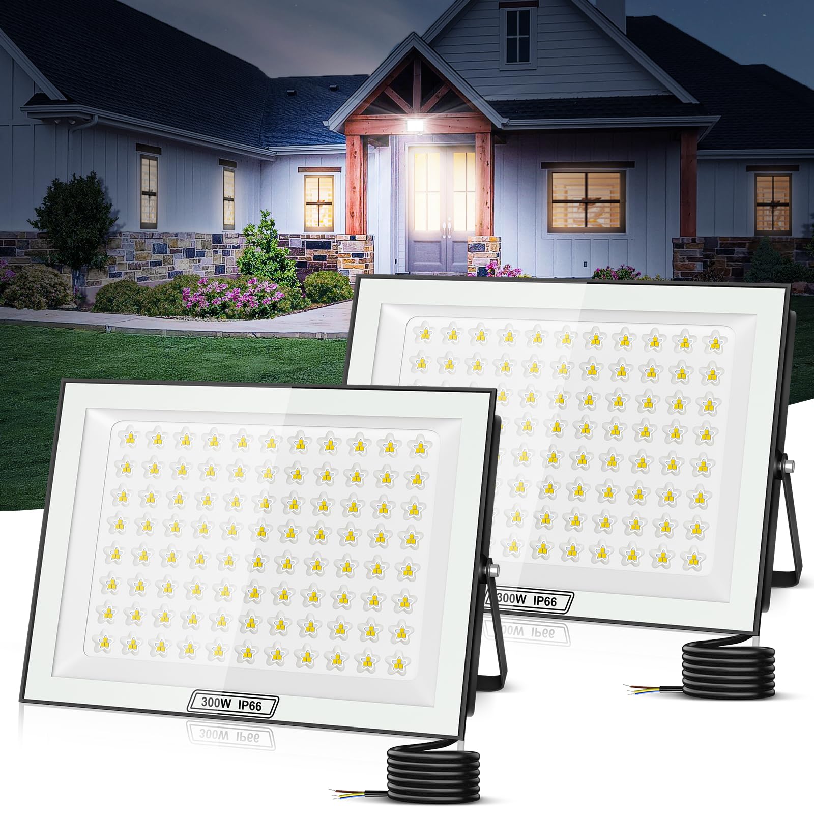 Projecteur LED d'extérieur 300W, 30000 lm, ultra-lumineux, blanc froid 6500 K, étanche IP66, pour jardin, allée, garage, couloir, jardin - 2 pièces