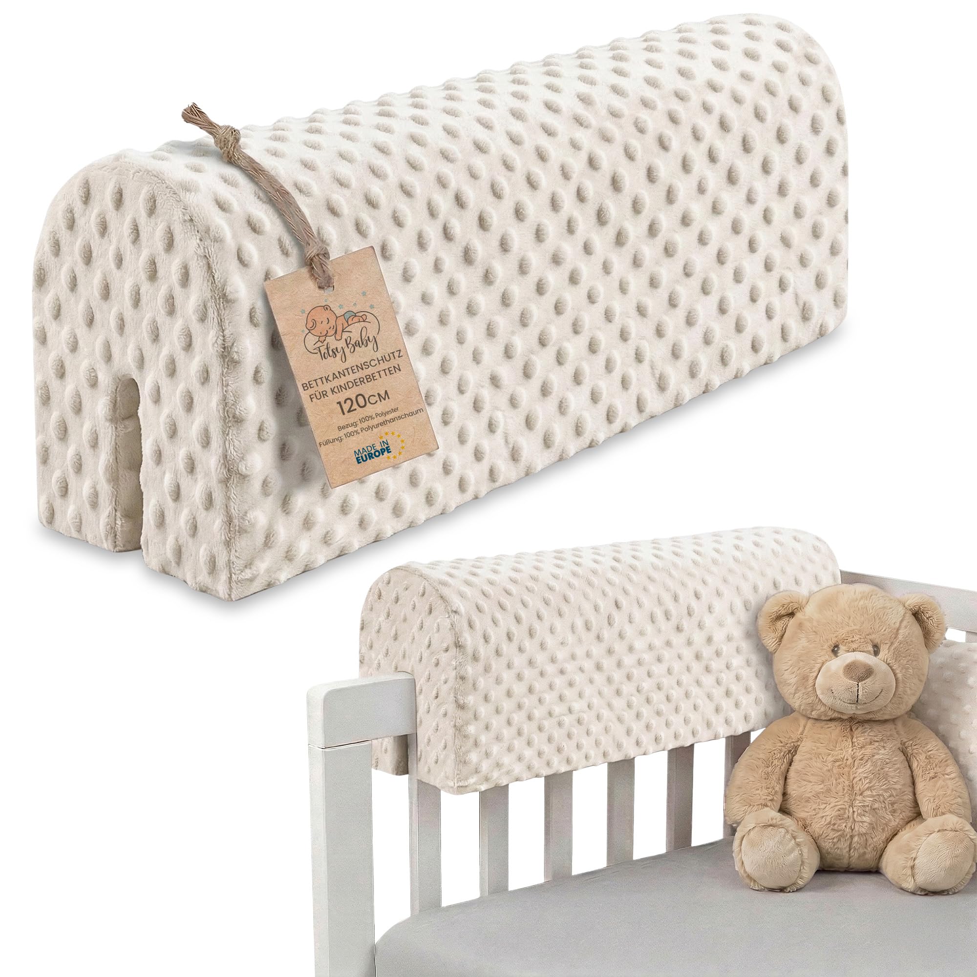 Totsy Baby Paracolpi lettino neonato antisoffoco 120 cm - Protezione schiuma per lettino fasciatoio e culla per i bordi del letto o della culla per bambini da 1 a 3 anni Beige chiaro