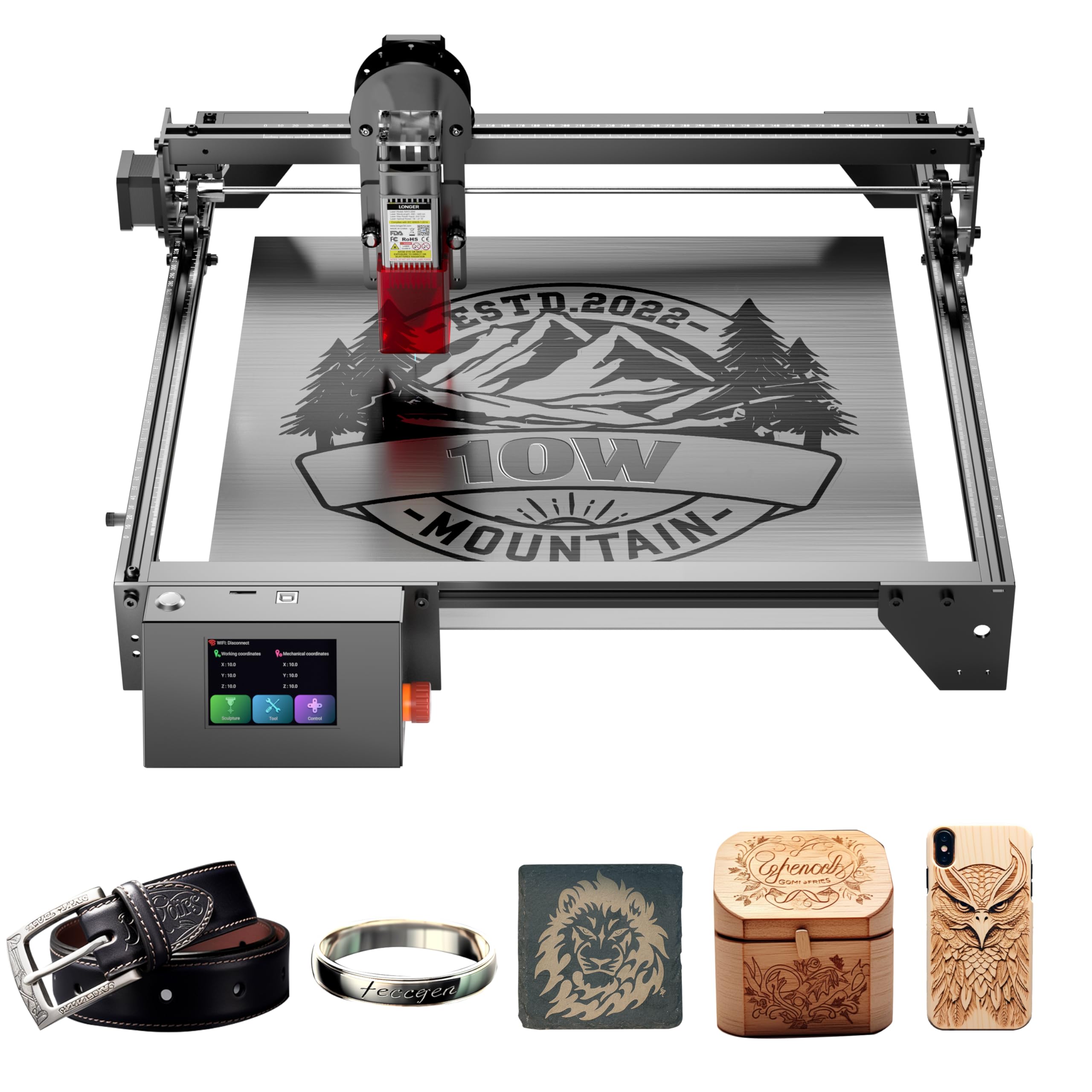 Longer RAY5 Laser Engraver, Laser Engraver 10000mW Output Power, 3.5” Color Touch Screen, App Offline Control, DIY Engraver Tool for Metal/Glass/Wood