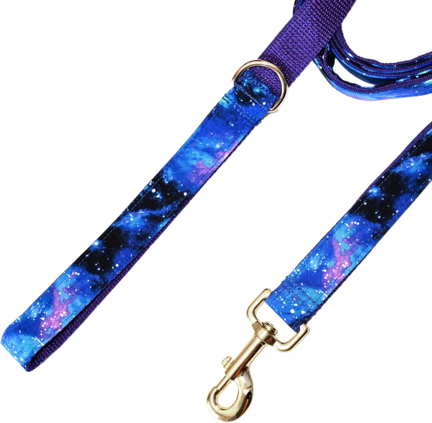Triple Handle Dog Leash - 3 Handles at 12, 20, & 72 Inches - 6 Foot Lead - Galaxy Print on Purple Webbing - Handmade by Green Acorn Kitchen (Gold Hardware)