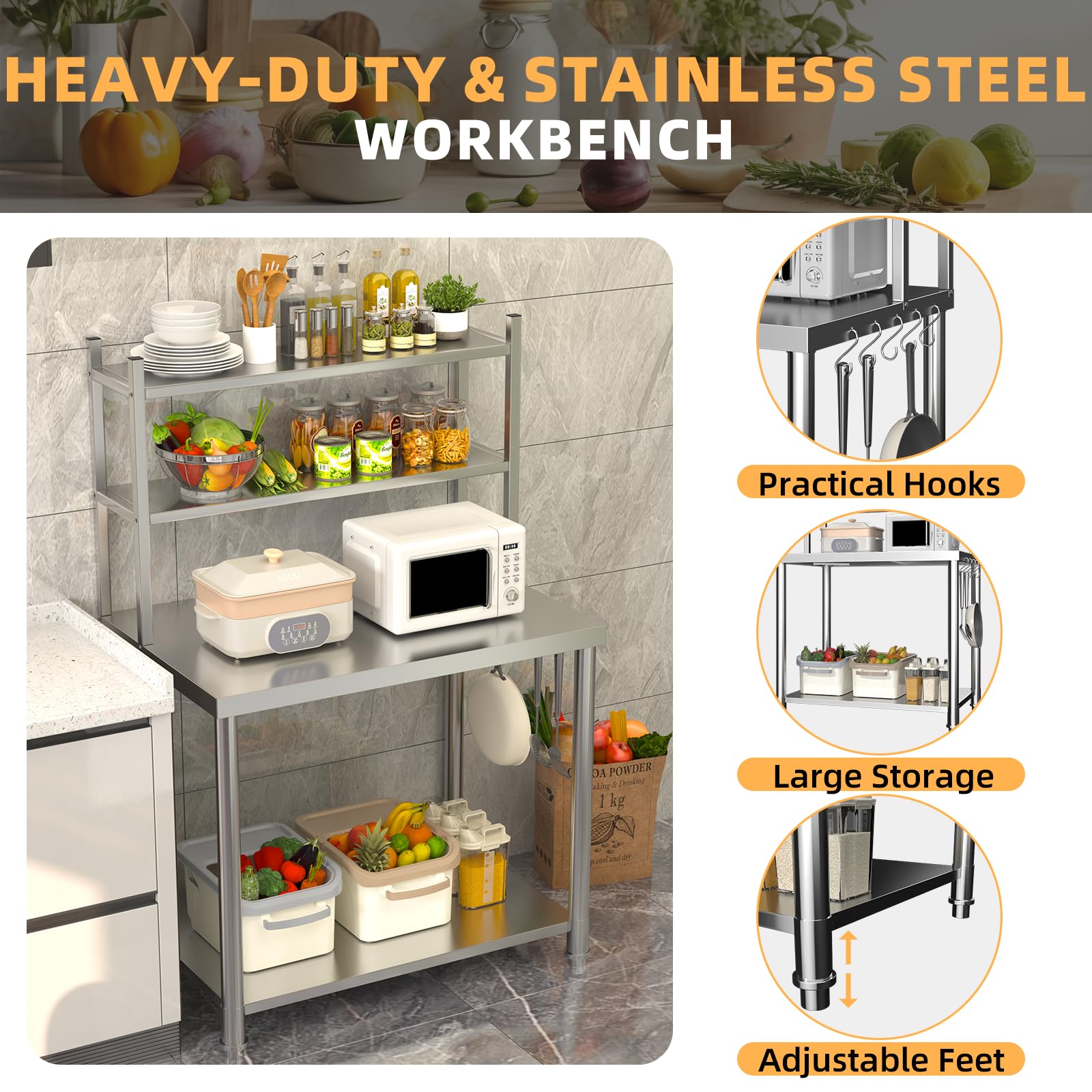 UNIONLINE Edelstahl Arbeitstisch 76x60x138cm, Gewerblicher Küchentisch mit 2 Oberablagen, Catering Vorbereitungstisch für Outdoor Küche & Pizzaofen