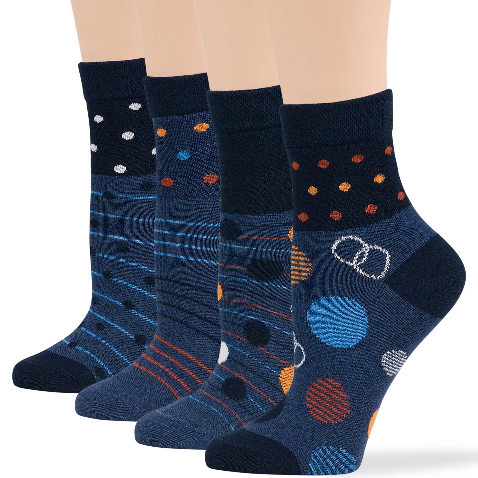 7BIGSTARS KINGDOMWomen's Cotton Diabetic Quarter Patterned Socks - 4 Pack Medium-Extra Wide Polka Dot, Stripe - Sock Size 9-11 Shoe Size 5-9 M Dark Navy, Indigo Blue, Orange