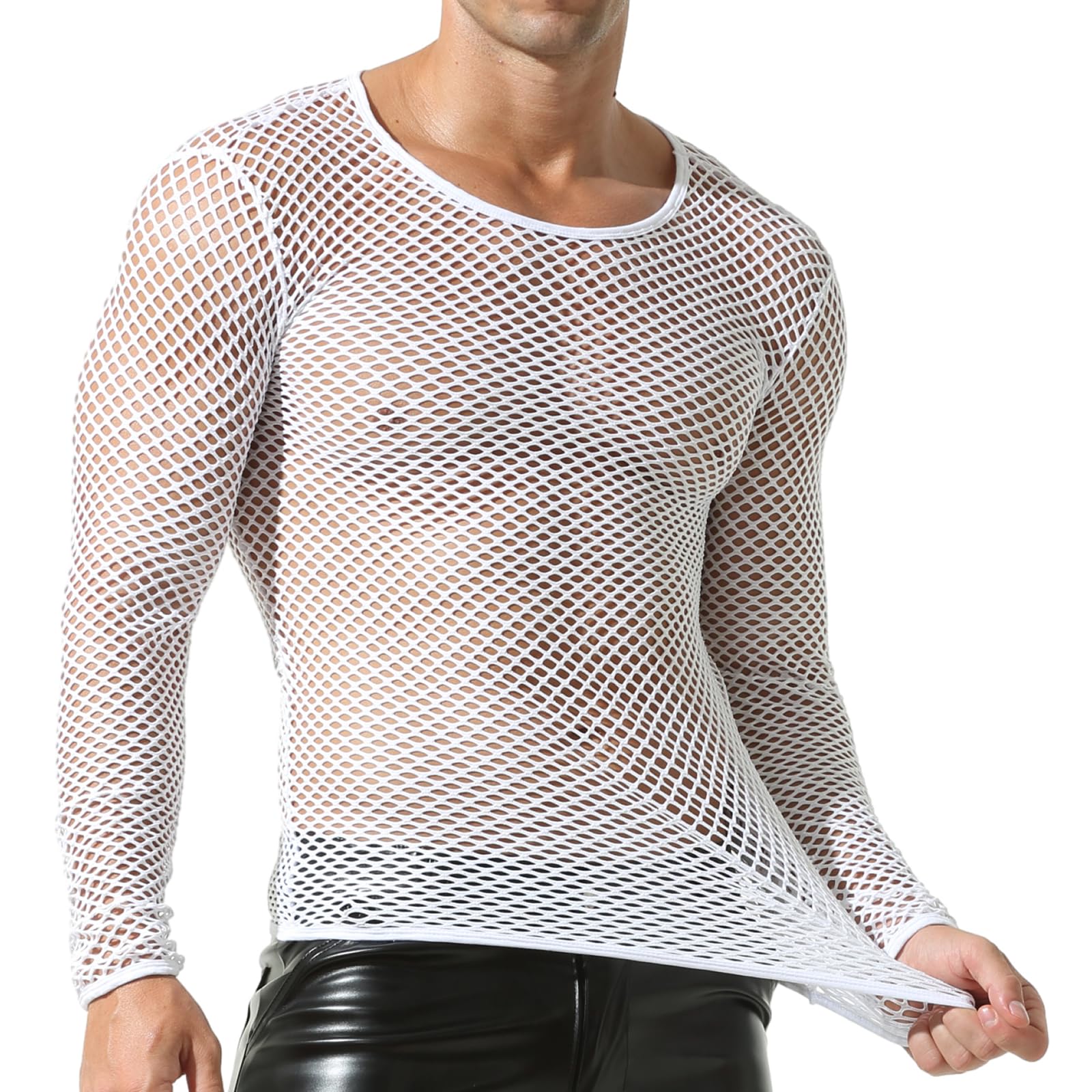 QiaTiMen's See Through T-Shirts Mesh Tops Fishnet Shirt Round Neck Undershirts Long Sleeve
