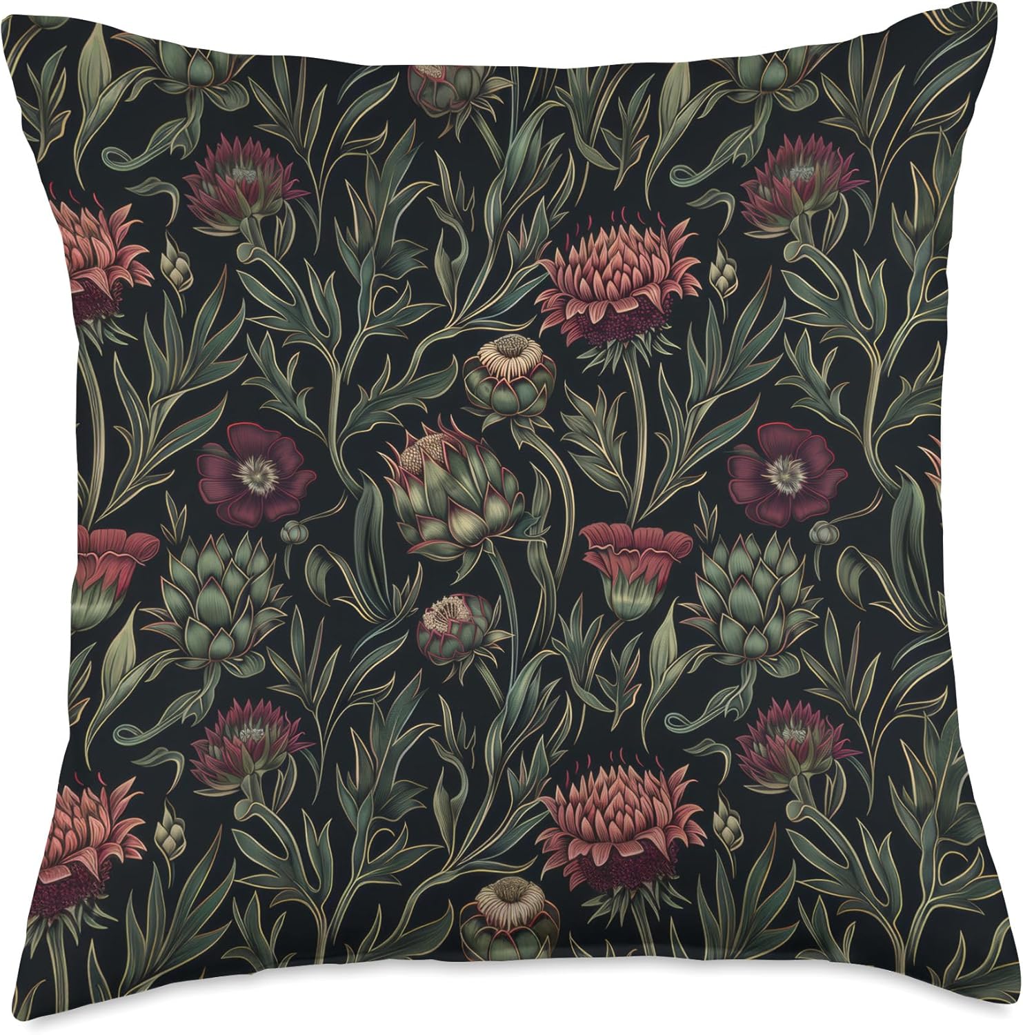 Vintage Floral Artichoke and Thistle William Morris Style Throw Pillow