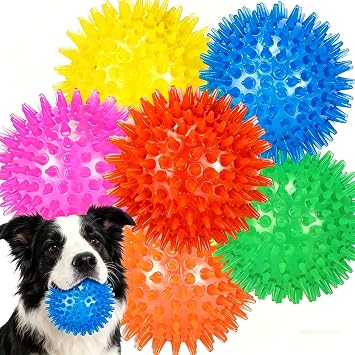 6-Pack Squeaky Dog Balls, Spiky TPR Rubber Dog Toy Balls, Floatable Interactive Puppy Teething Toys for Small Medium Dogs, Chew Balls for Teeth Cleaning & Fetch PlaySix colors,5.5cm