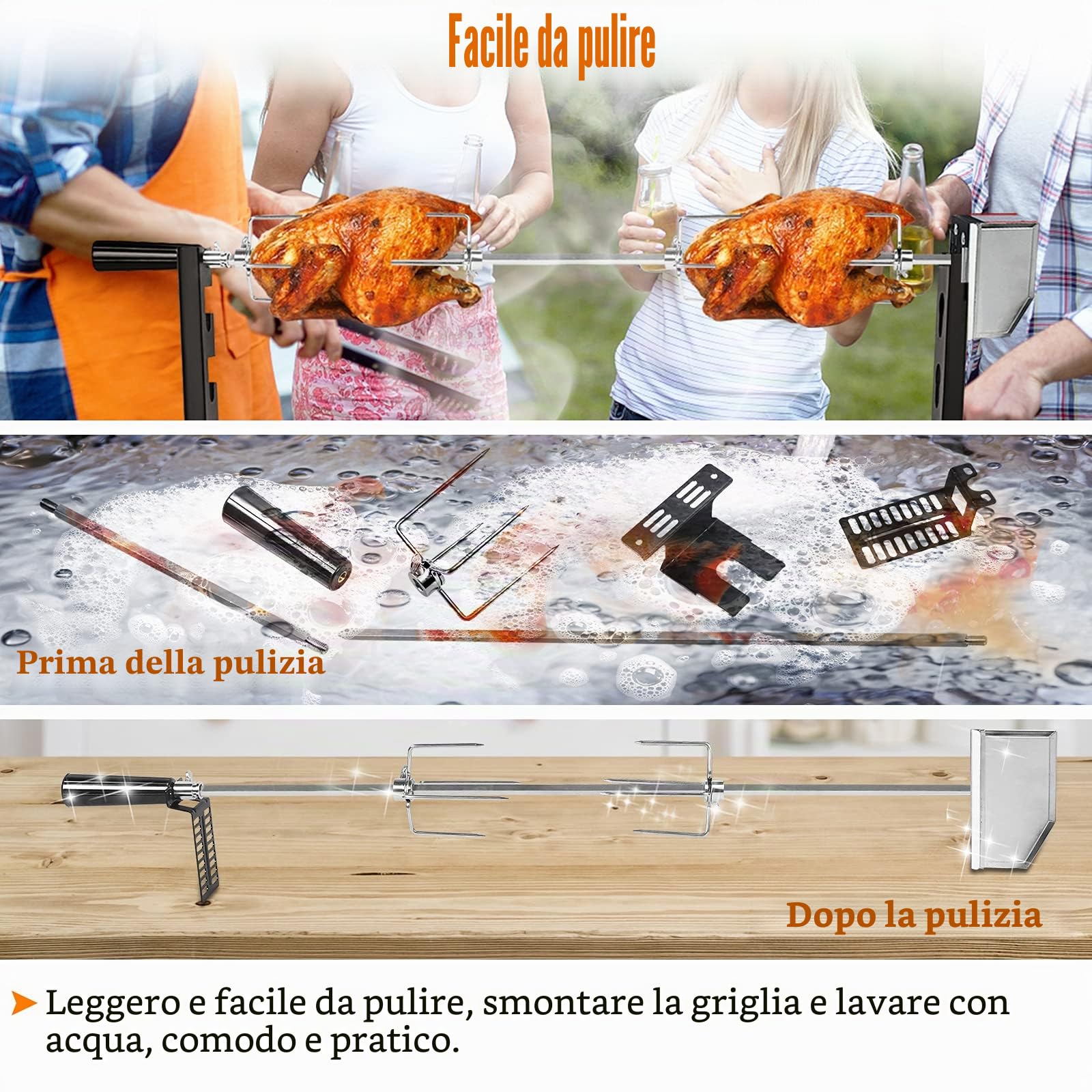 ACXIN Set spiedi elettrici in acciaio inox, 107 cm, motore, spilli da carne, spiedo girevole, griglia 2 forchette, per campeggio, feste, giardino, picnic (220-240V)