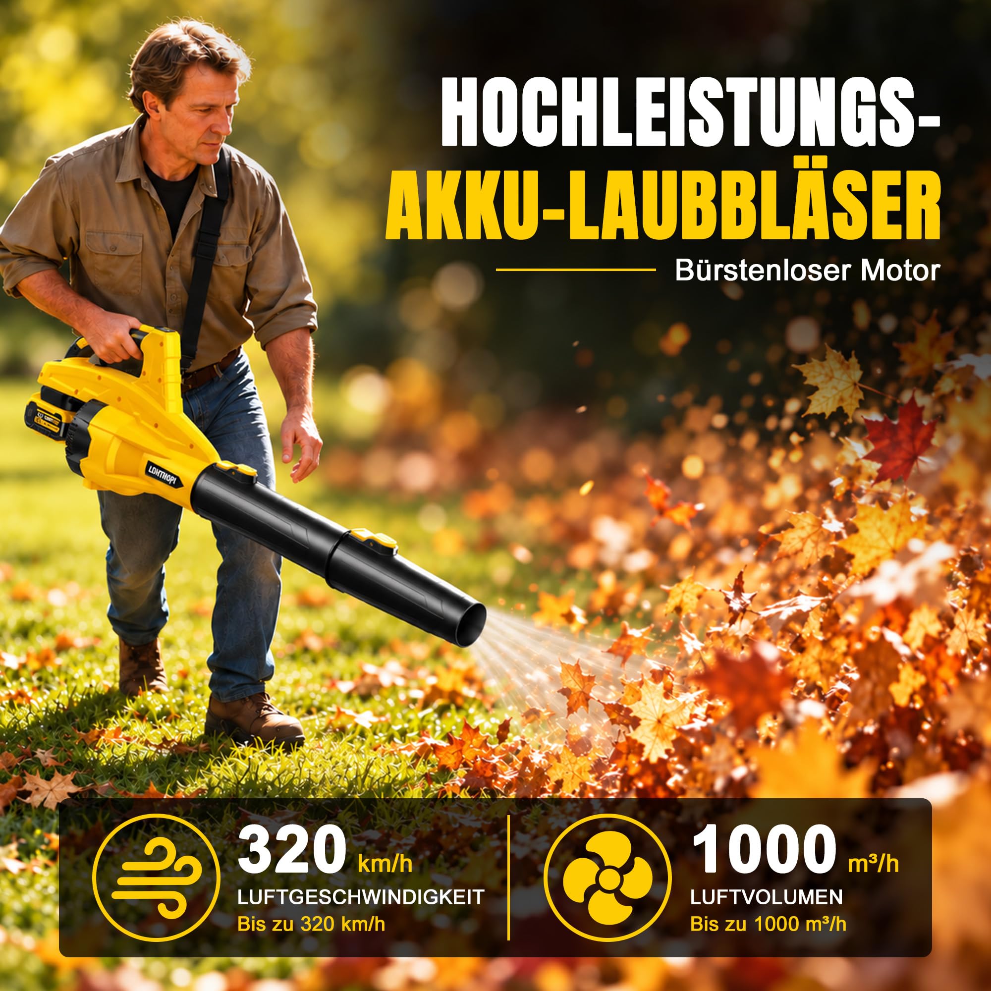 LDHTHOPI Akku-Laubbläser, 320 km/h Bürstenloser Motor, 2X 5000mAh Akkus & Ladegerät, 13-Stufen Kabellos Laubgebläse, 2,6 kg Leicht für Garten, Laub & Schnee