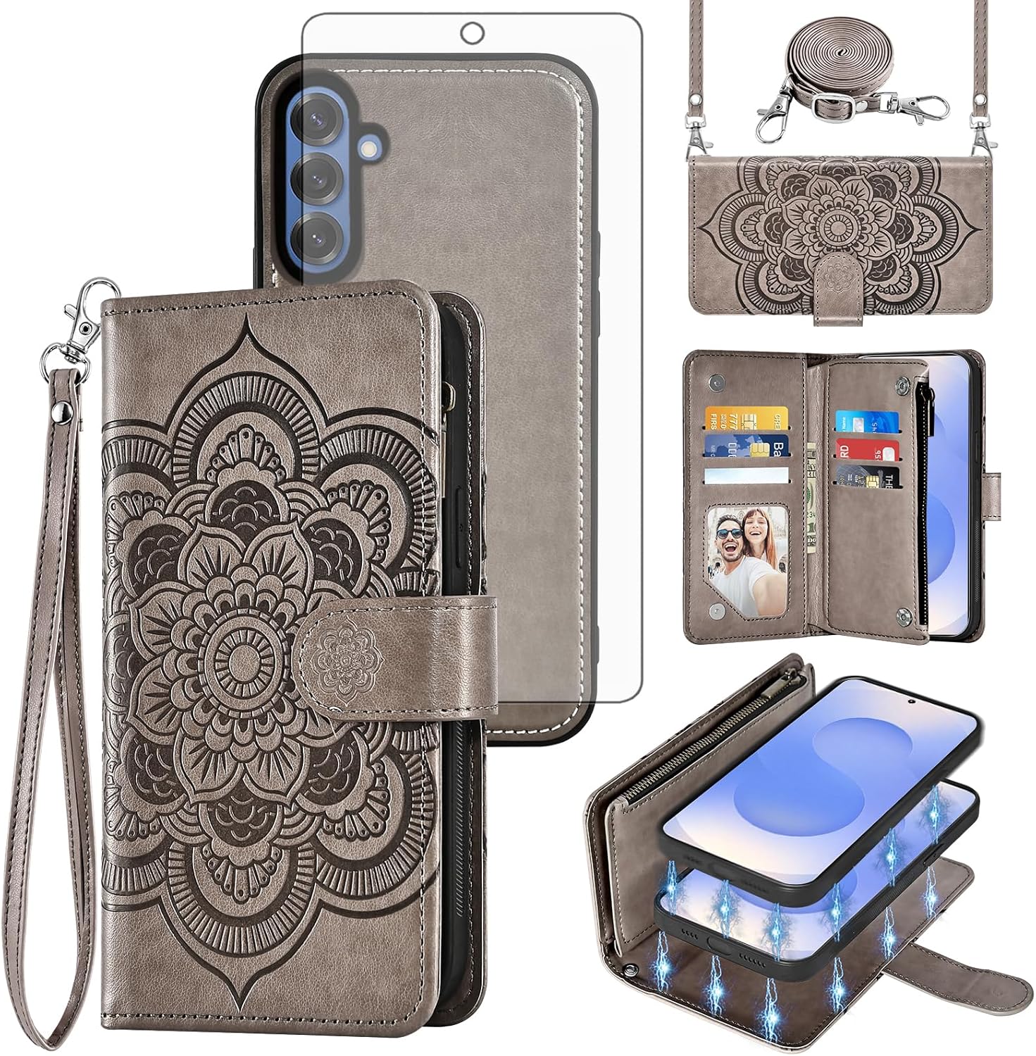 Asuwish Phone Case for Samsung Galaxy S25 5G Zipper Wallet Cell Cover with Tempered Glass Screen Protector Crossbody Lanyard Strap Flower Card Holder Slot S 25 25S 25 25S SM-S931U Women Men Girls Gray