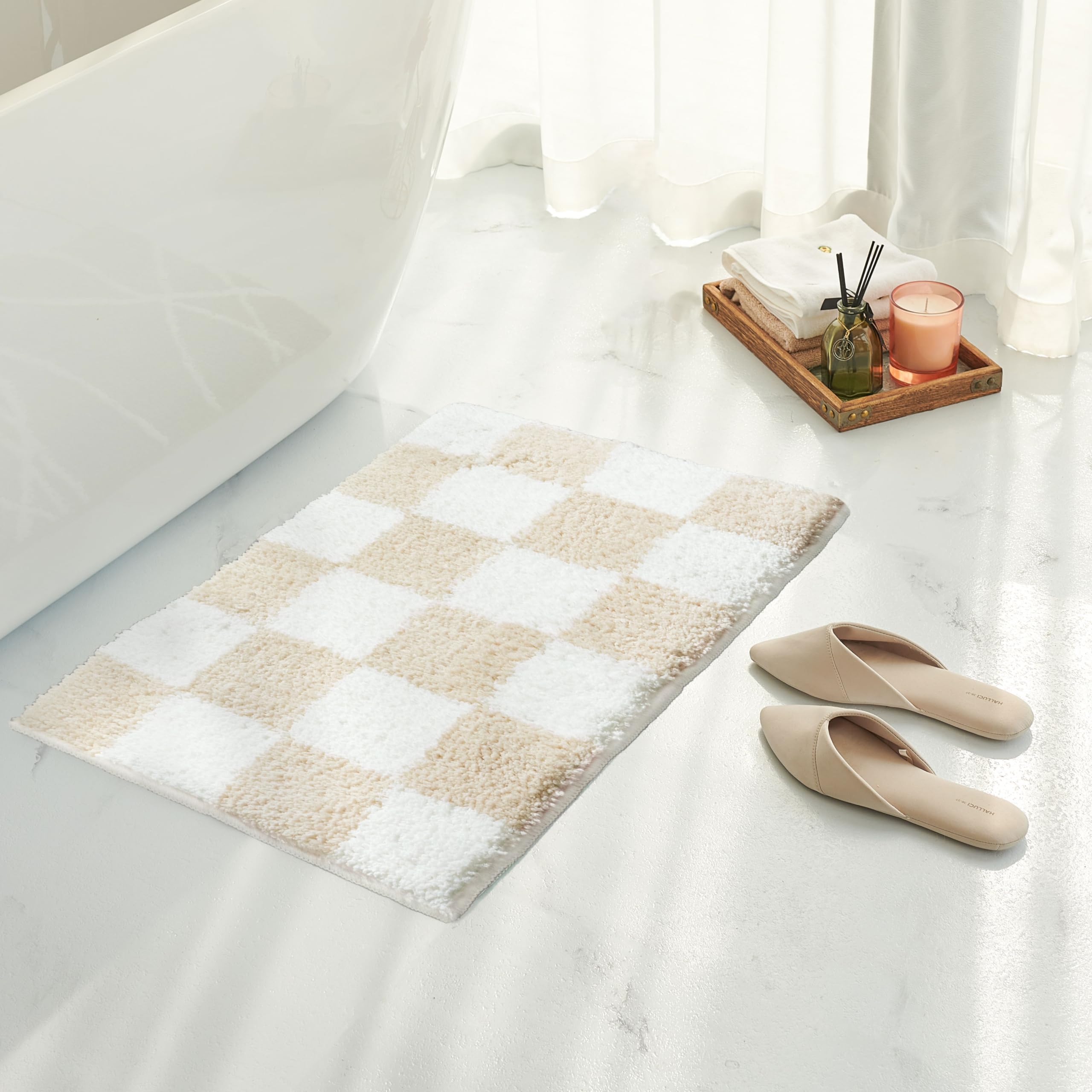 Tititex Luxury Cream White Checkered Grid Bathroom Rug, 16"x24" Classic Checkerboard Extra Soft and Absorbent Microfiber Bath Rugs, Non-Slip Plush