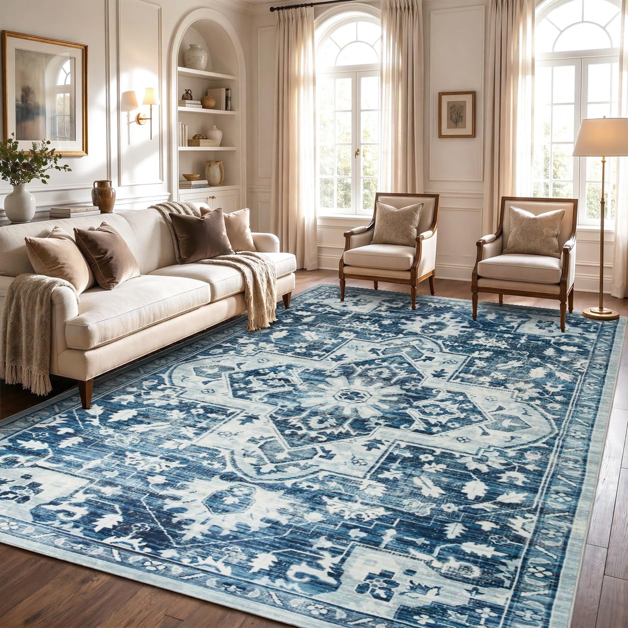 Hafaa Machine Washable Rugs Living Room Large 160x230 cm – Soft Short Pile Blue Area Rugs For Bedroom Dining Room, Kitchen Carpet Non Slip Traditional Floral Design Vintage Boho Cashmere Rug, Tranquil — image 1