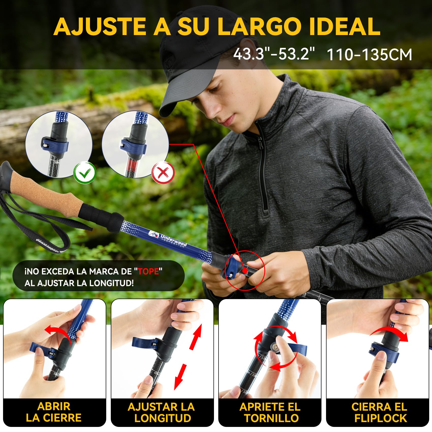 Bastones de Marcha Telescópicos Carbono 2 Stück, Ligeros 217g Mangos Corcho | Nórdicos, Amortiguación, Correas Ajustables, 4 Accesorios, para Mujer Hombre Senderismo Trail Running Viaje