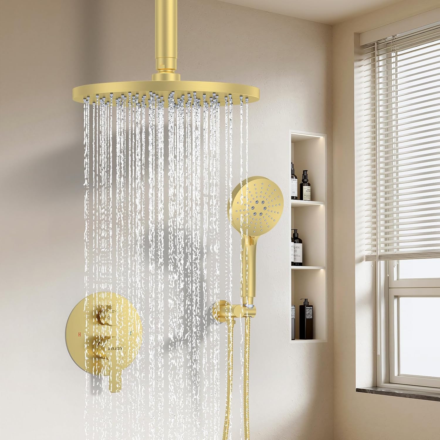KOJOX 10 Inch Brushed Gold Shower System with High Pressure Rain Shower Head-3 Setting Handheld Shower head, Bathroom Mixer Shower Set Ceiling Mounted Shower Faucet Rough-in Valve and Trim Kit