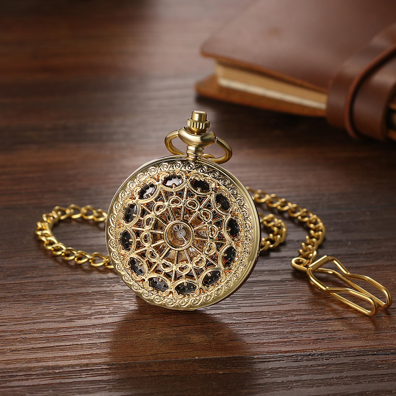 JewelryWe Orologio da taschino meccanico automatico: elegante design scheletro ragnatela cassa con numeri romani quadrante analogico a carica automatica con catena in vita da 37 cm per uomo