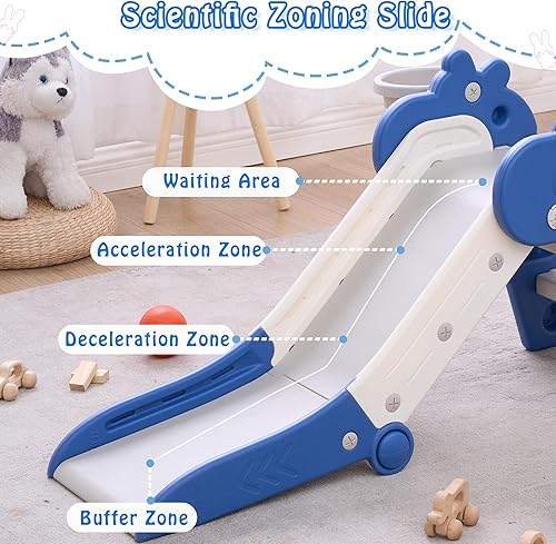 Miniatura 2 de Tobogán plegable para niños pequeños, deslizador para niños, juego de interior para bebé, patio de juegos de plástico con aro de baloncesto y pelota