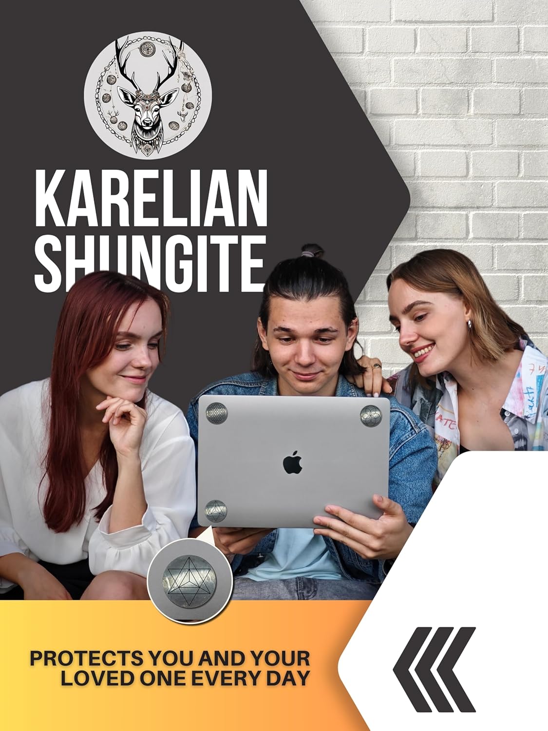 Shungite Stickers for Cell Phone Tablet Laptop - Protection Plates Set 5 pcs - Round Polished Medium Size 33mm ~ 1.29" - Engraving Sacred Symbols - Authentic Shungite II Type