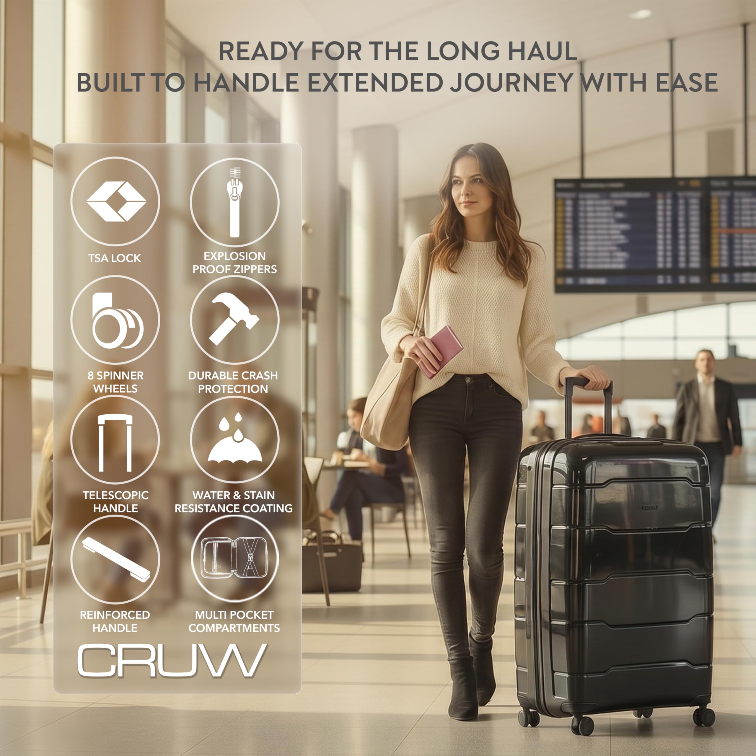 CRUW Extra Large 32" Checked Luggage 85x57x37cm + Expandable Hold Baggage (165/176 Liters) Polypropylene Suitcase TSA Approved Lock 8 Silent Spinner Wheels Lightweight Suitcases Airline Travel