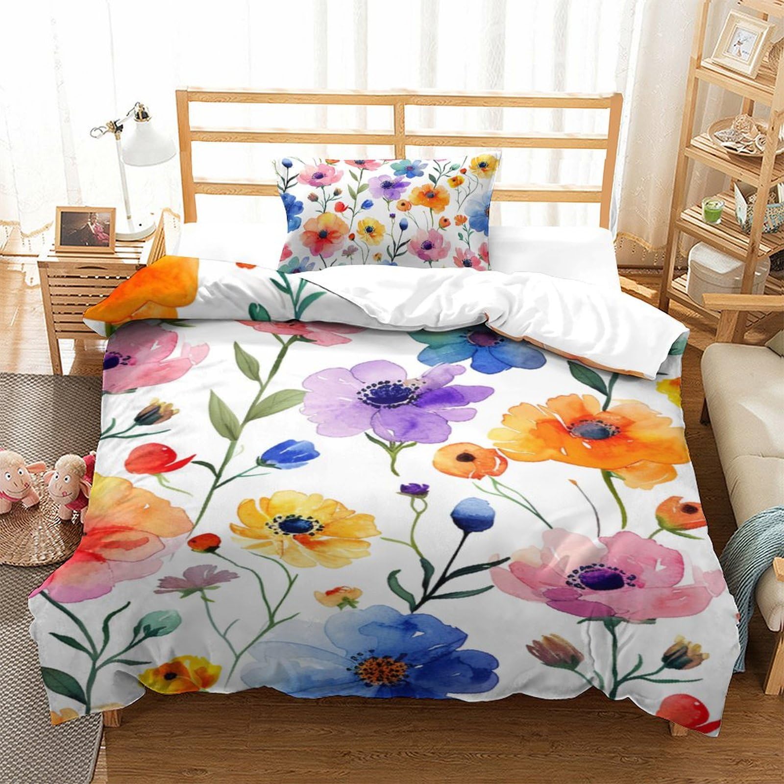 Housse de couette single fleurs aquarelle 3D en microfibre 135x200cm pour lit une personne