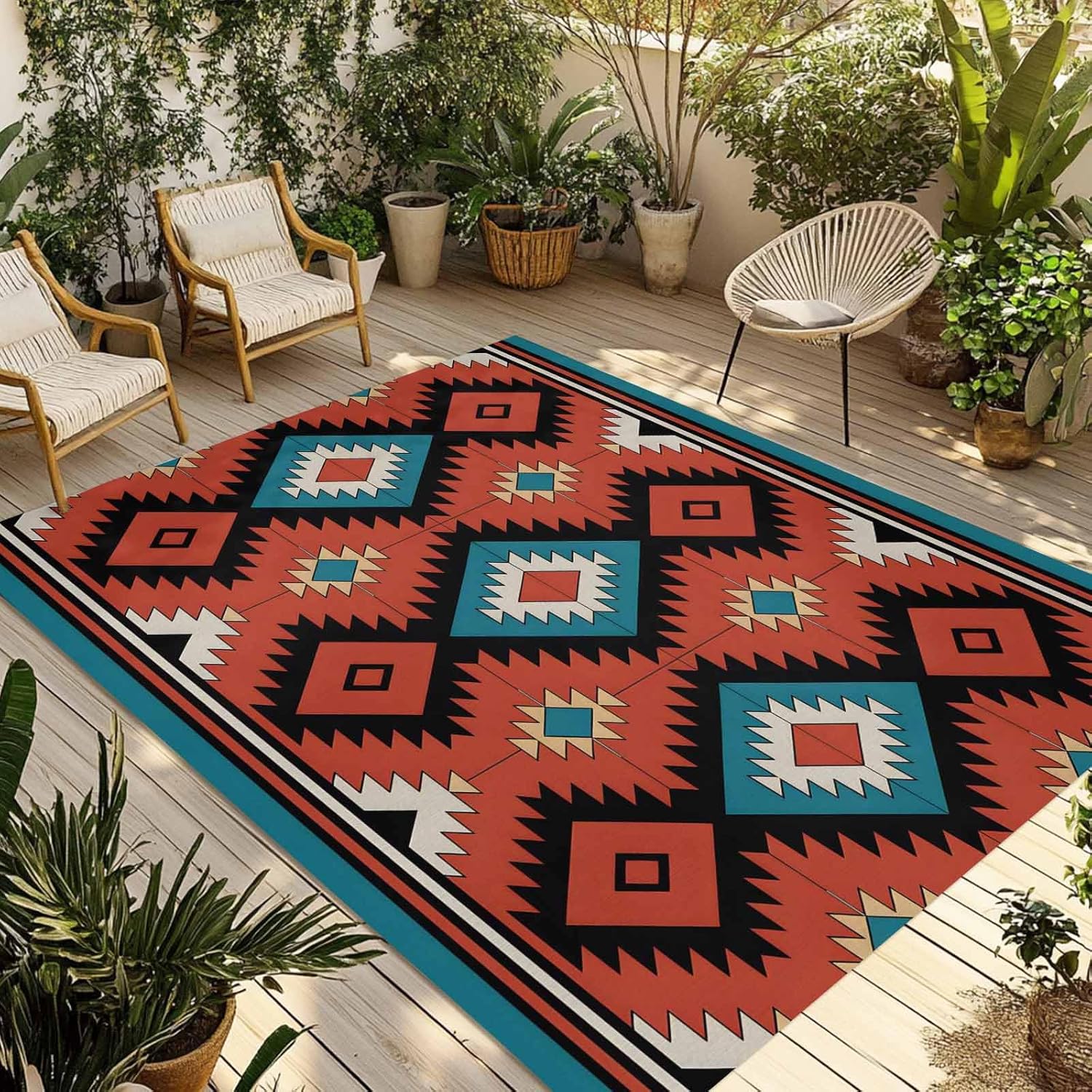 Outdoor Rug 4x6 ft Red Aztec Boho Outdoor Large Area Rug Non Slip Rubber Tribe Southwest Bohemian Front Door Mat RV Rug Camping Carpet Patio Outdoor Rugs for Backyard Balcony Deck Porch Indoor Outside