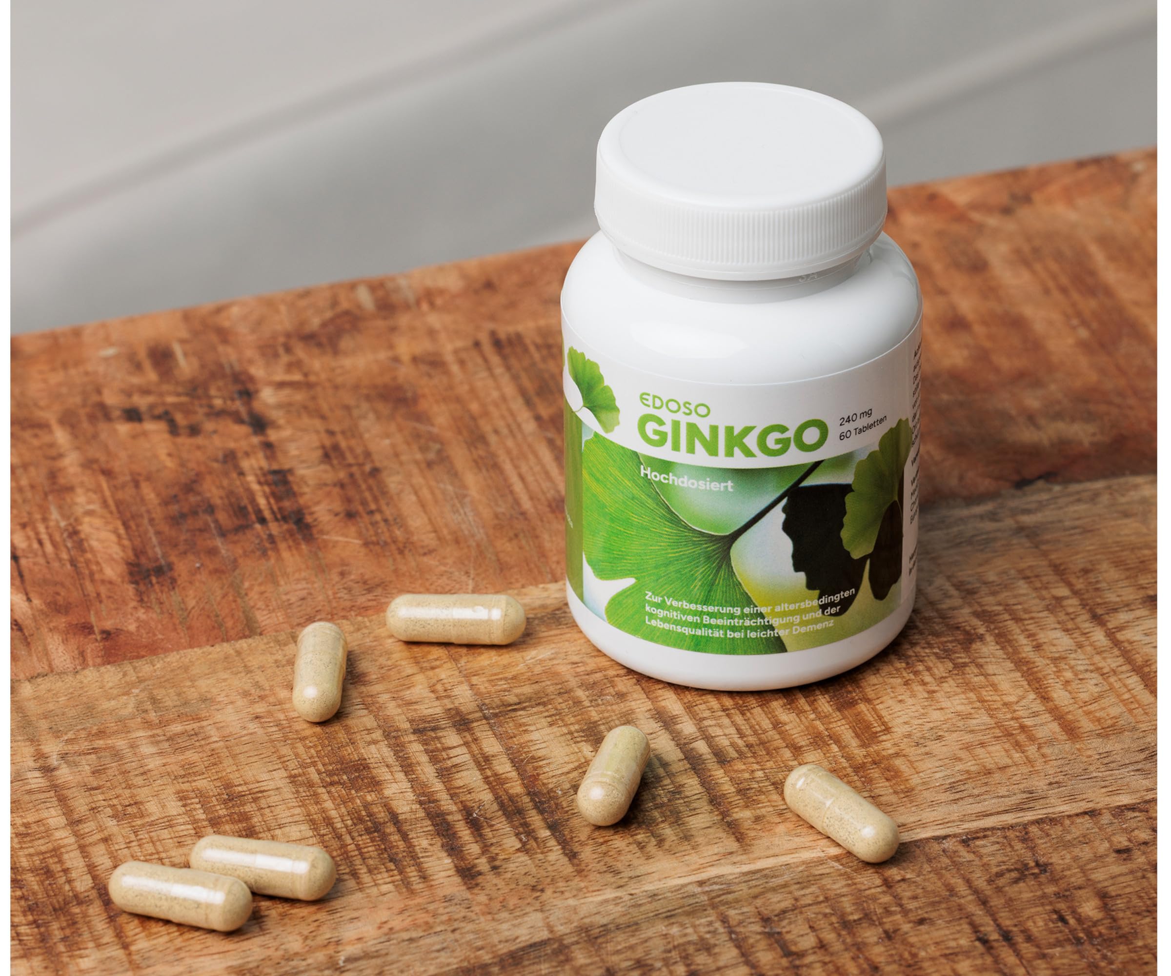 Ginkgo 240 mg | Ginkgo Hochdosiert EDOSO | 60 Tabletten | 50:1 pflanzliches Extrakt Konzentrat | Bei Vergesslichkeit im Alter oder leichter Demenz