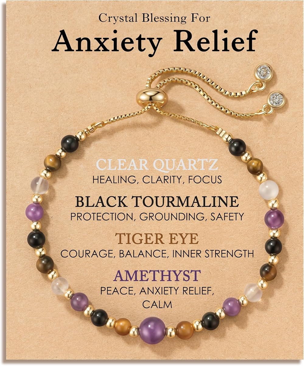 HGDEER ​​Breathe & Find Calm, pulsera de amatista para aliviar la ansiedad, regalo para ella | Amatista Cuarzo Claro Turmalina Negra y Ojo de Tigre, Cadena Ajustable Chapada en Oro de 14K, Tarjeta de Bendición de Cristal Calmante