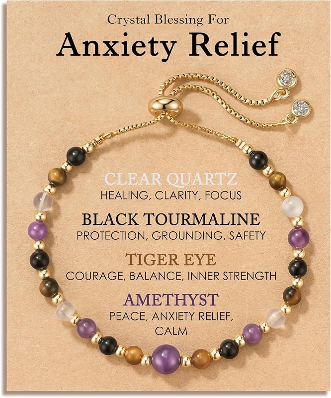 HGDEER ​​Breathe & Find Calm, pulsera de amatista para aliviar la ansiedad, regalo para ella | Amatista Cuarzo Claro Turmalina Negra y Ojo de Tigre, Cadena Ajustable Chapada en Oro de 14K, Tarjeta de Bendición de Cristal Calmante