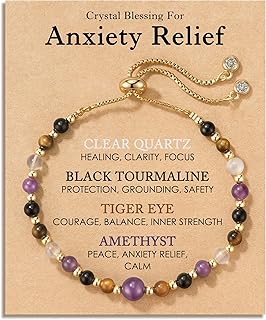 HGDEER Natural Crystal Healing Bracelet for Women - Amethyst Tiger Eye Black Tourmaline Clear Quartz - Anxiety Relief Gemstone Jewelry with Blessing Card
