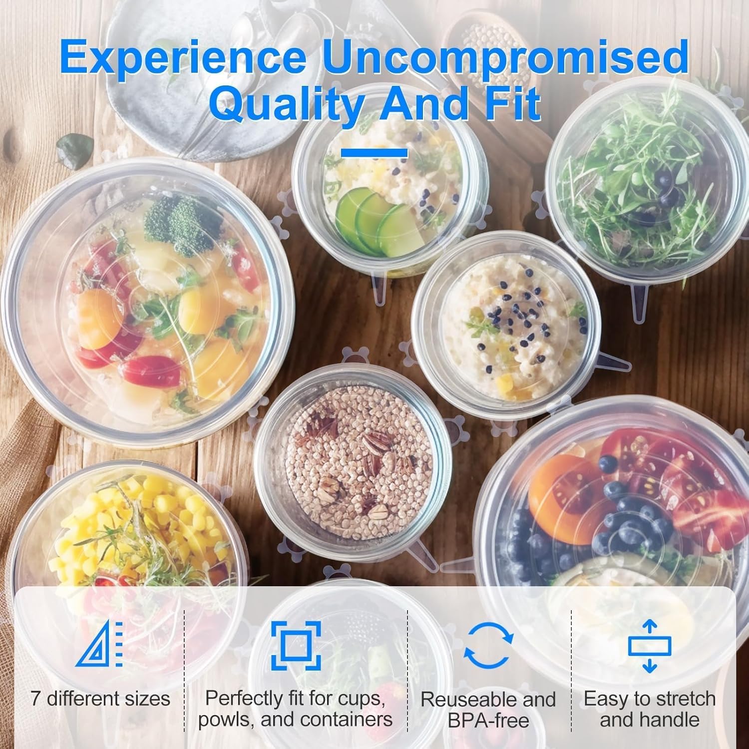 14 PCS Reusable Premium Silicone Stretch Lids for Food Storage, Flexible Elastic Heat-Resistant Silicone Bowl Covers, Cups, Cans, 7 Different Sizes, Keep Food Fresh - Image 4