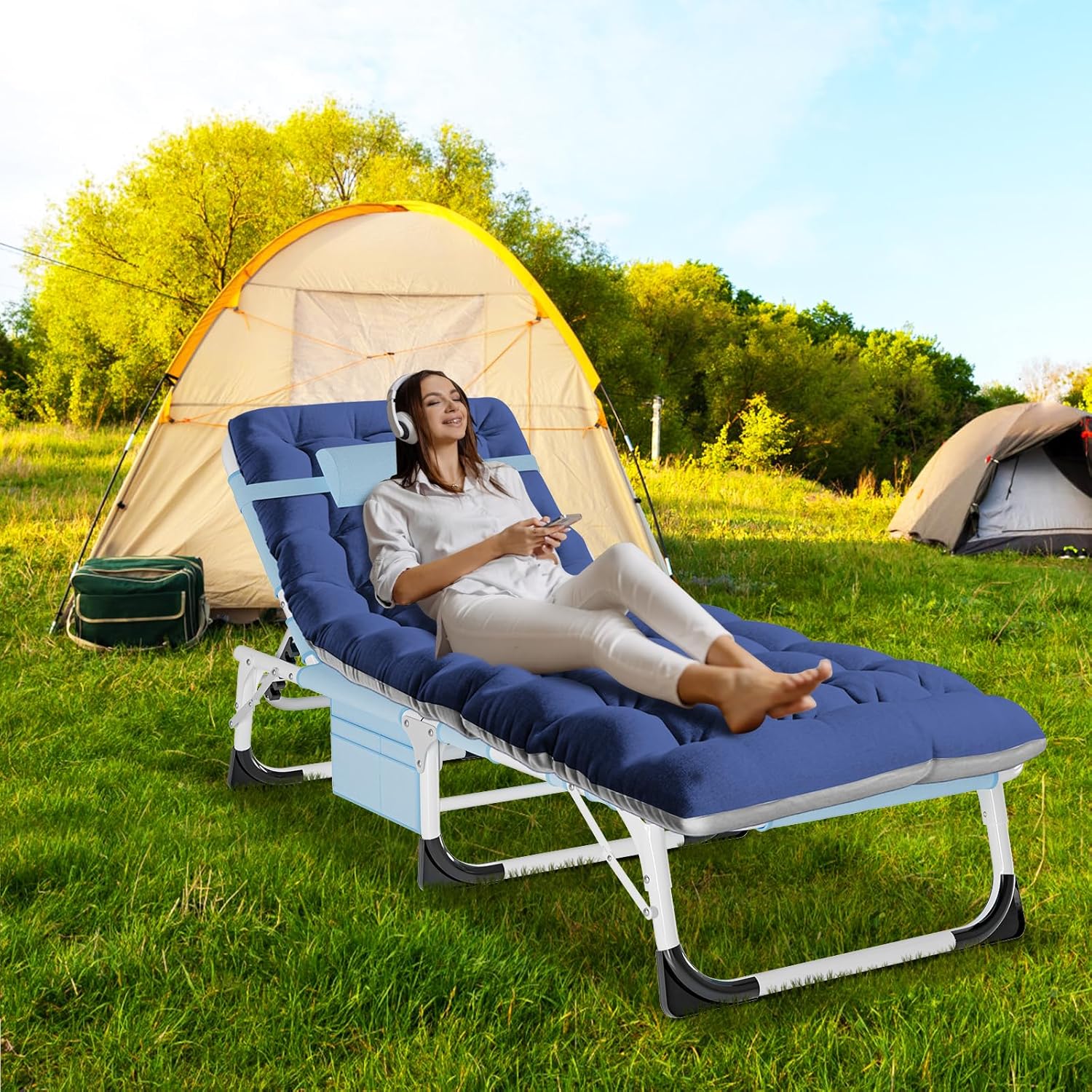 DoCred Folding Lounge Chair with Mattress, 5 Position Adjustable Folding Sleeping Bed Cot Chaise Lounge Chairs Perfect for Sunbathing, Camping, Pool, Beach, Patio